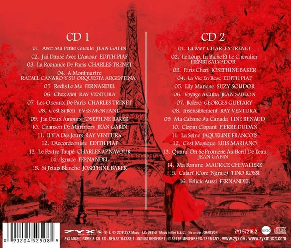 Ein CD-Cover mit einer Titelliste und einem sich küssenden Paar in der Nähe des Eiffelturms.