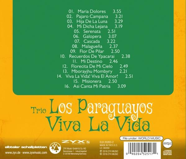 Trio Los Paraguayos 'Viva La Vida' CD-Rückseite mit Titelliste und ZYX Music-Logo.