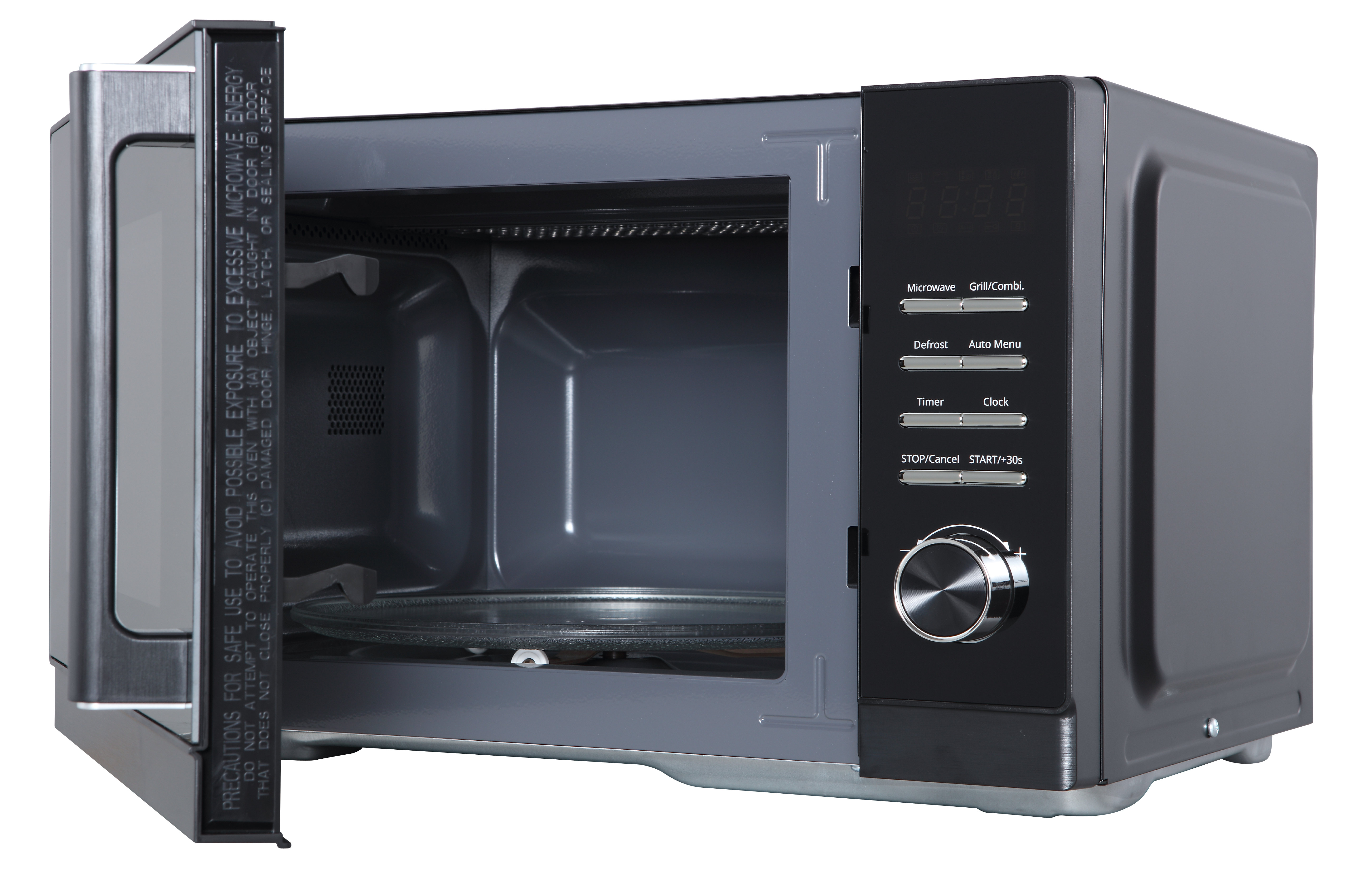 Schwarze Mikrowelle mit geöffneter Tür. Innenraum und Bedienelemente sind sichtbar.