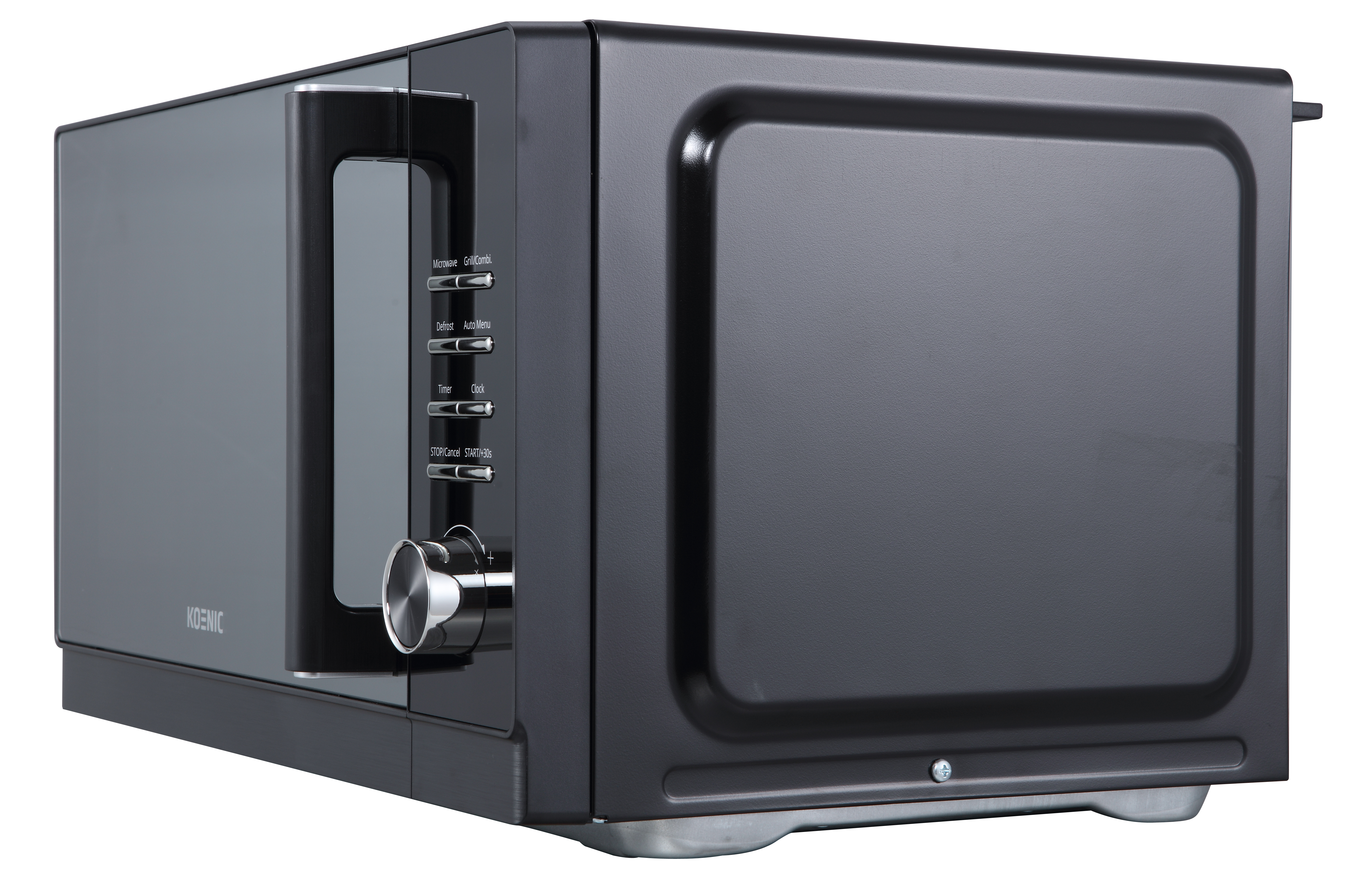 Ein schwarzer Mikrowellenherd mit Knöpfen und einem Drehregler auf weißem Hintergrund.