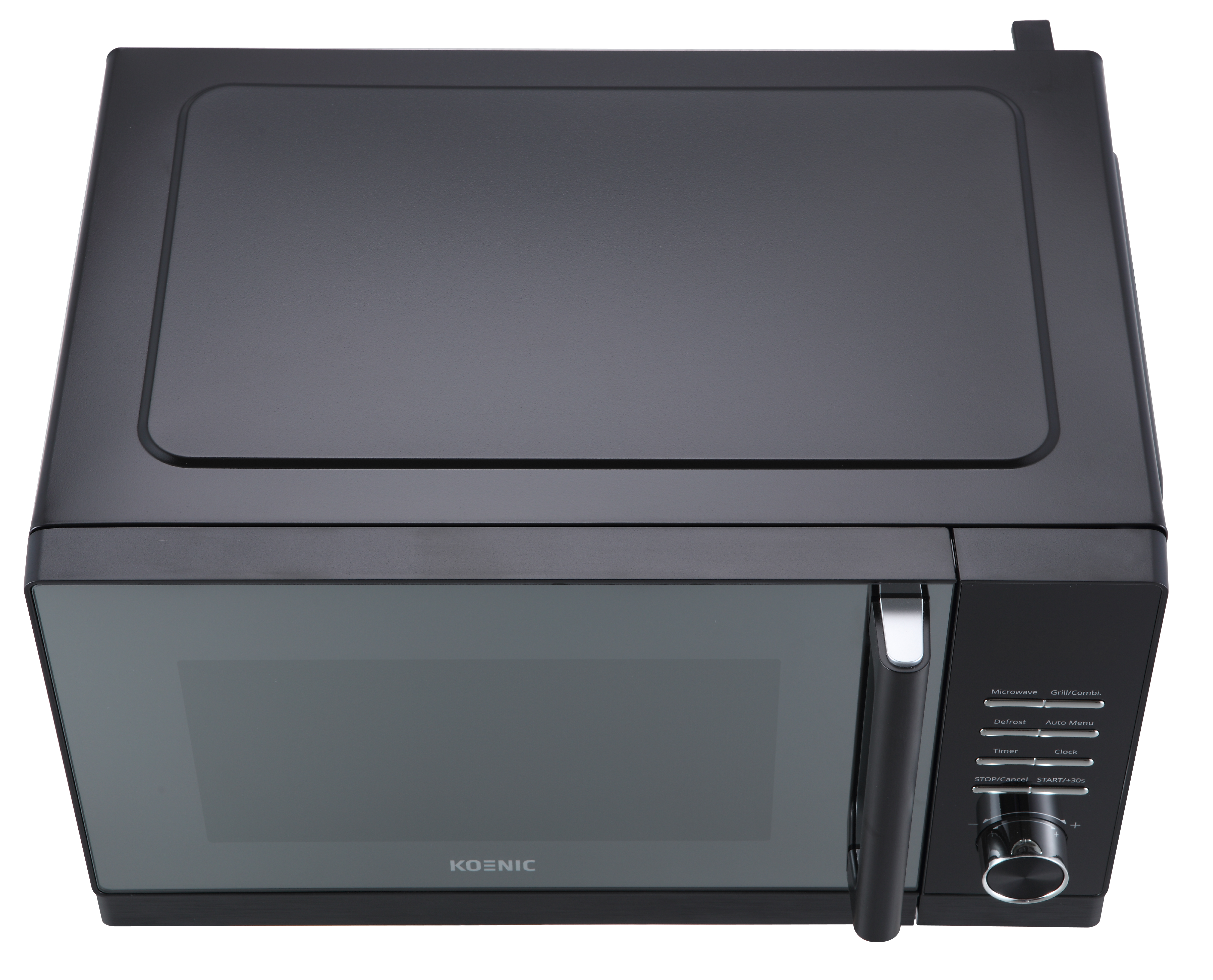 Ein schwarzer Mikrowellenherd, Draufsicht, mit Bedienelementen auf der rechten Seite, auf weißem Hintergrund.