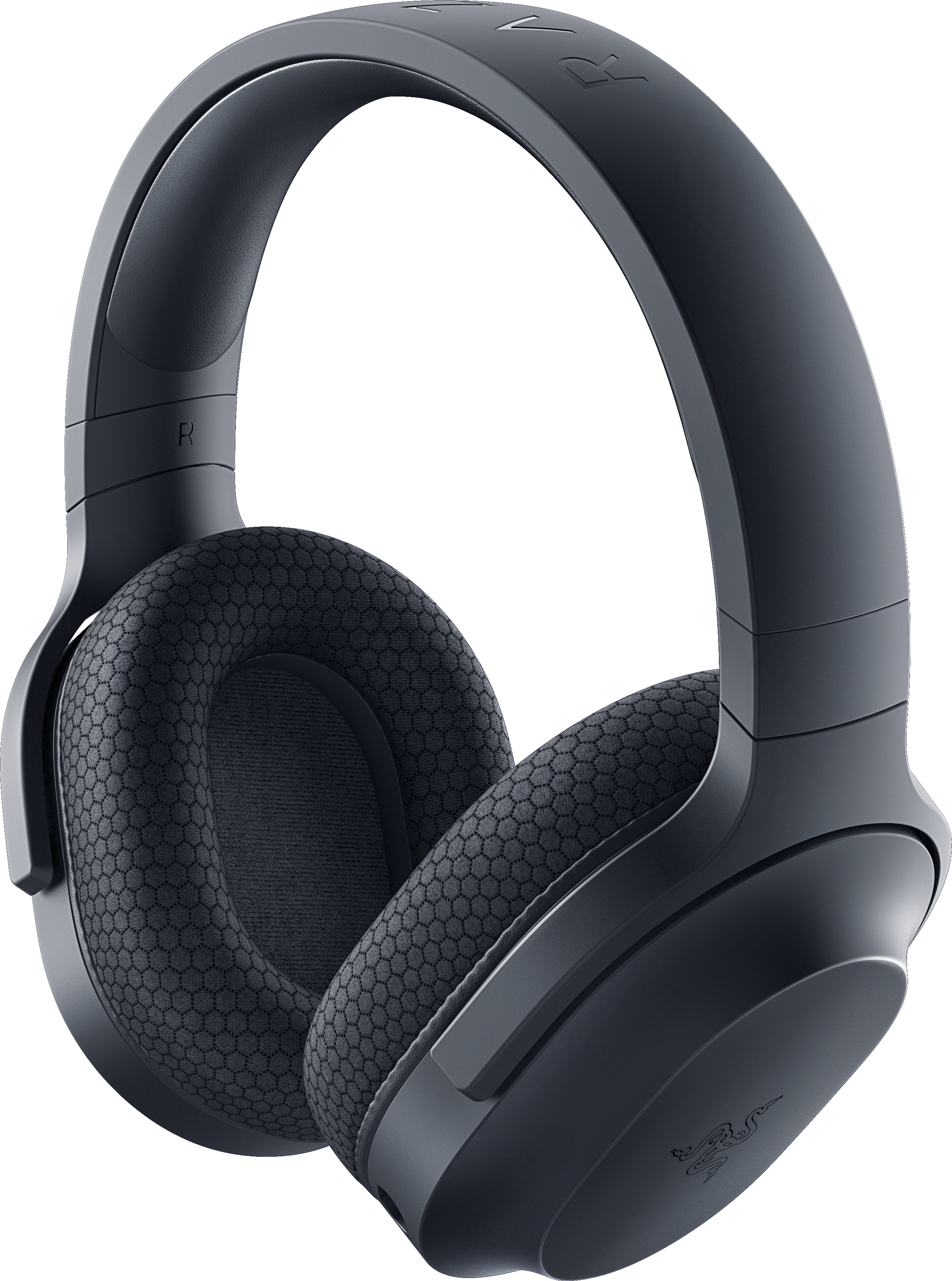 Cuffie Razer nere con motivo a nido d'ape sui padiglioni, su sfondo bianco.
