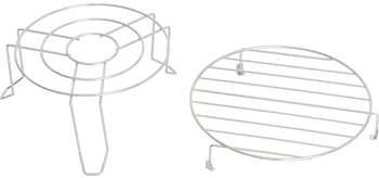 Two metal trivets: one with legs and a flat surface, the other a flat grid.