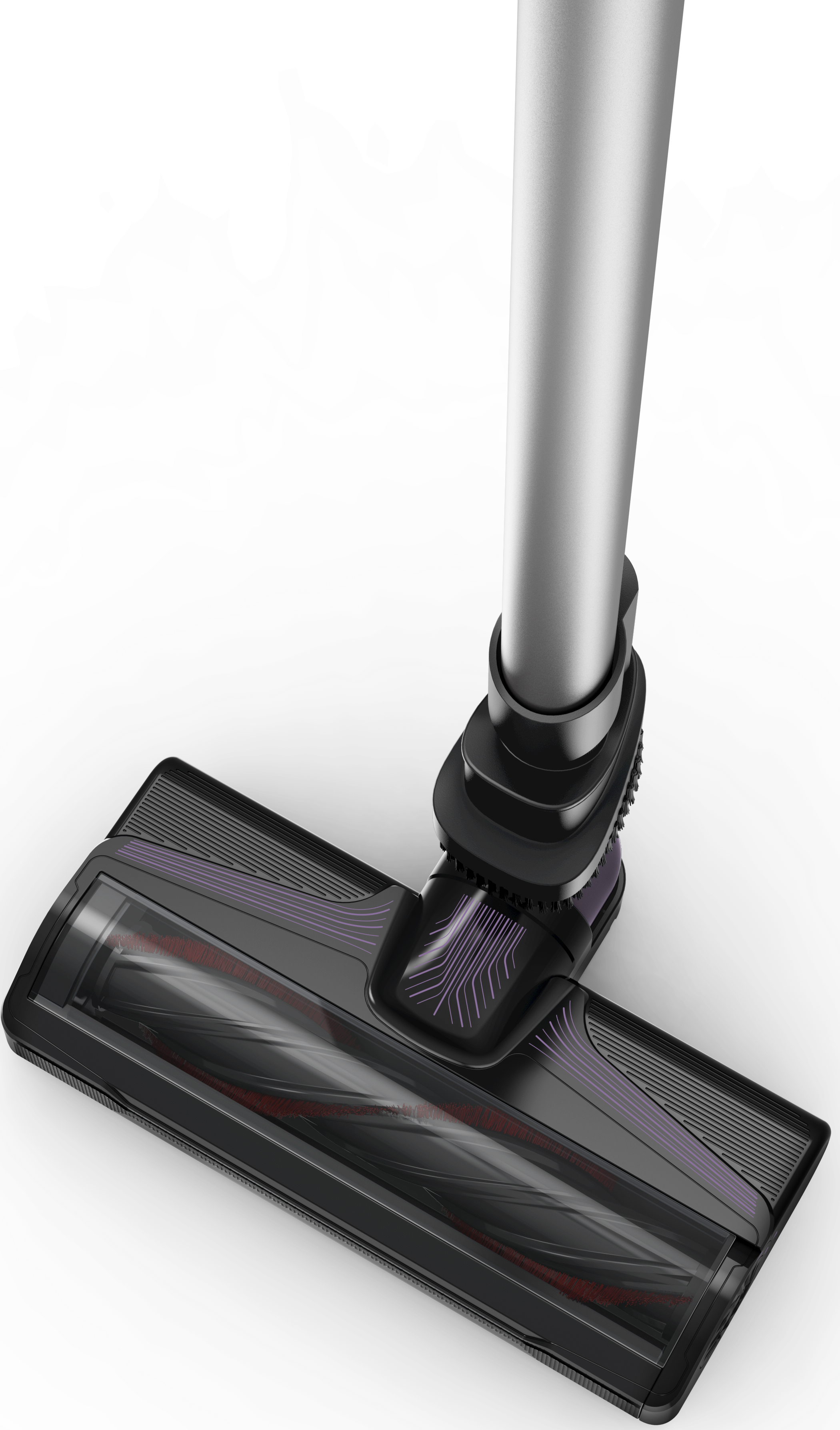 Primo piano di una testina per aspirapolvere con design viola.