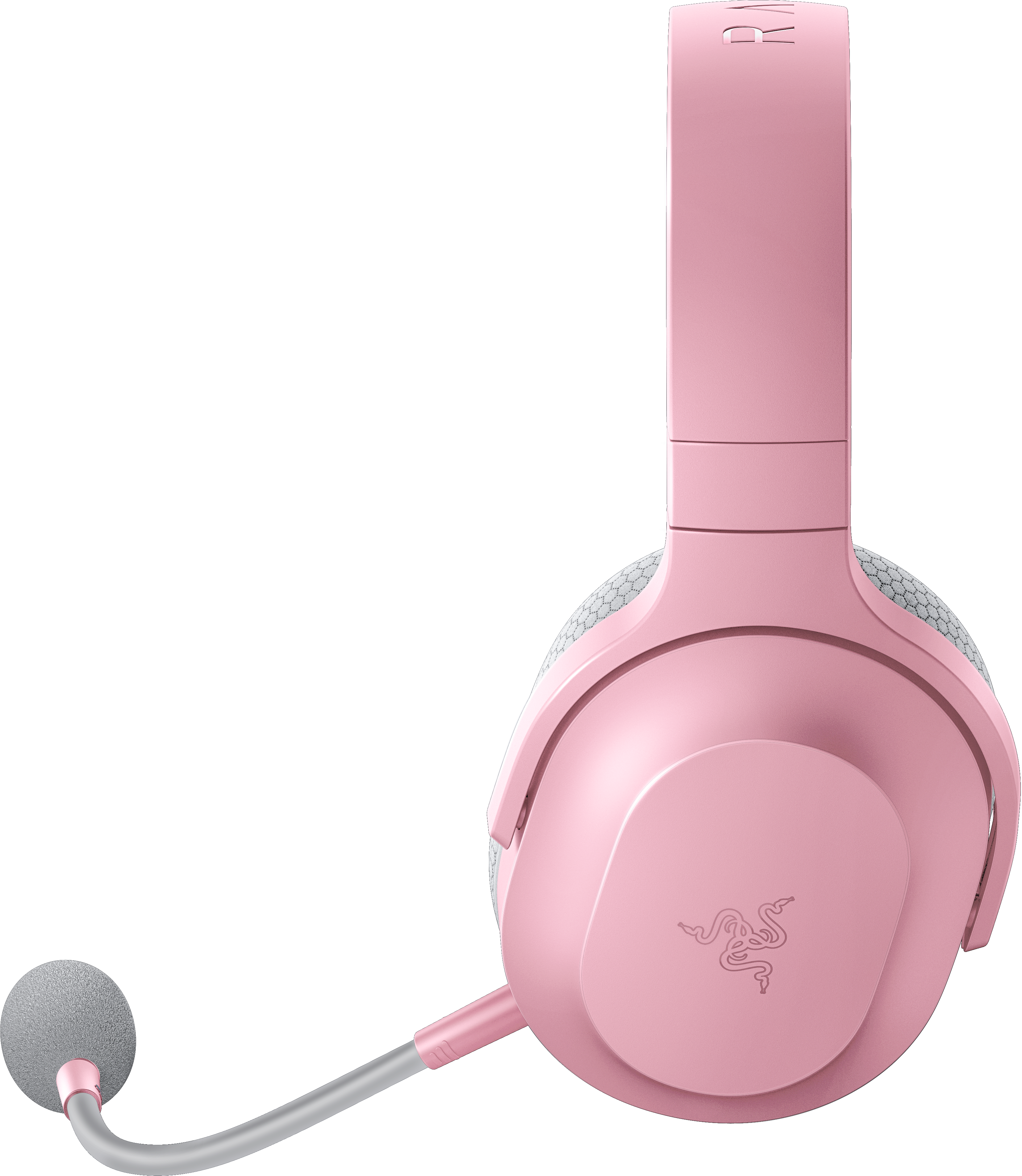Cuffie da gioco rosa con microfono. Le cuffie hanno il logo Razer e i controlli.