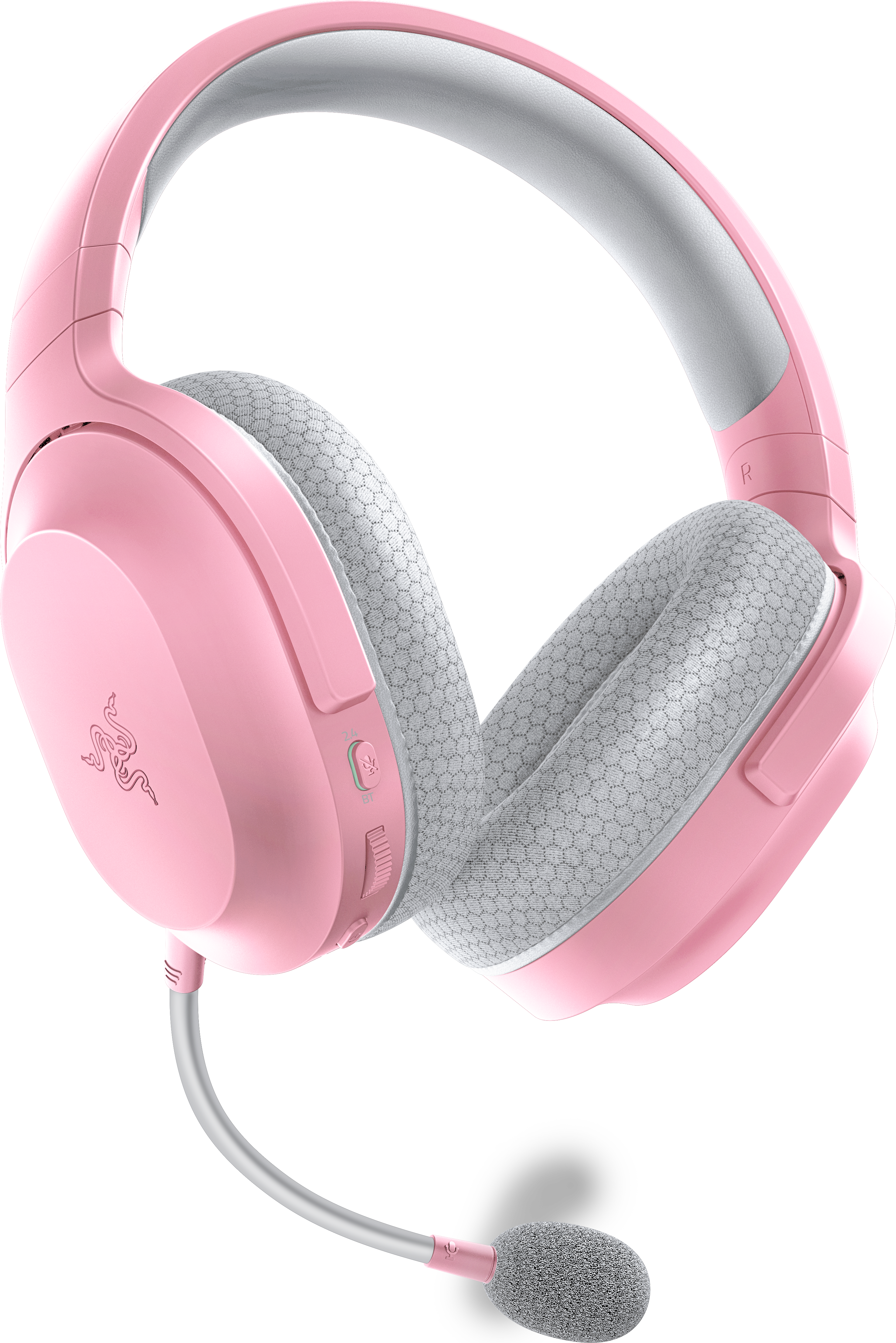 Cuffie Razer rosa con microfono su sfondo bianco.