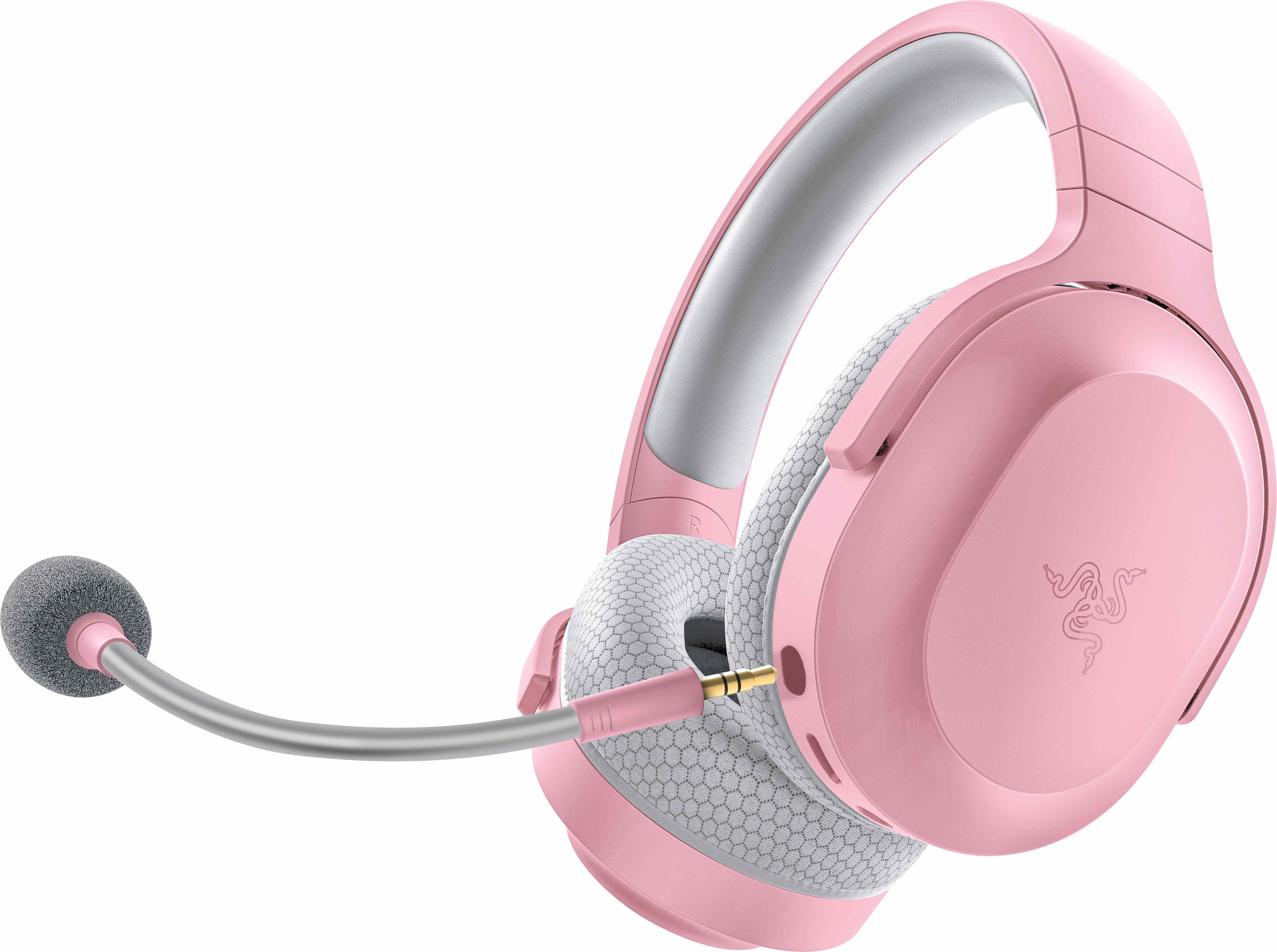 Cuffie gaming rosa con microfono. Padiglioni bianchi e braccio microfono argentato.