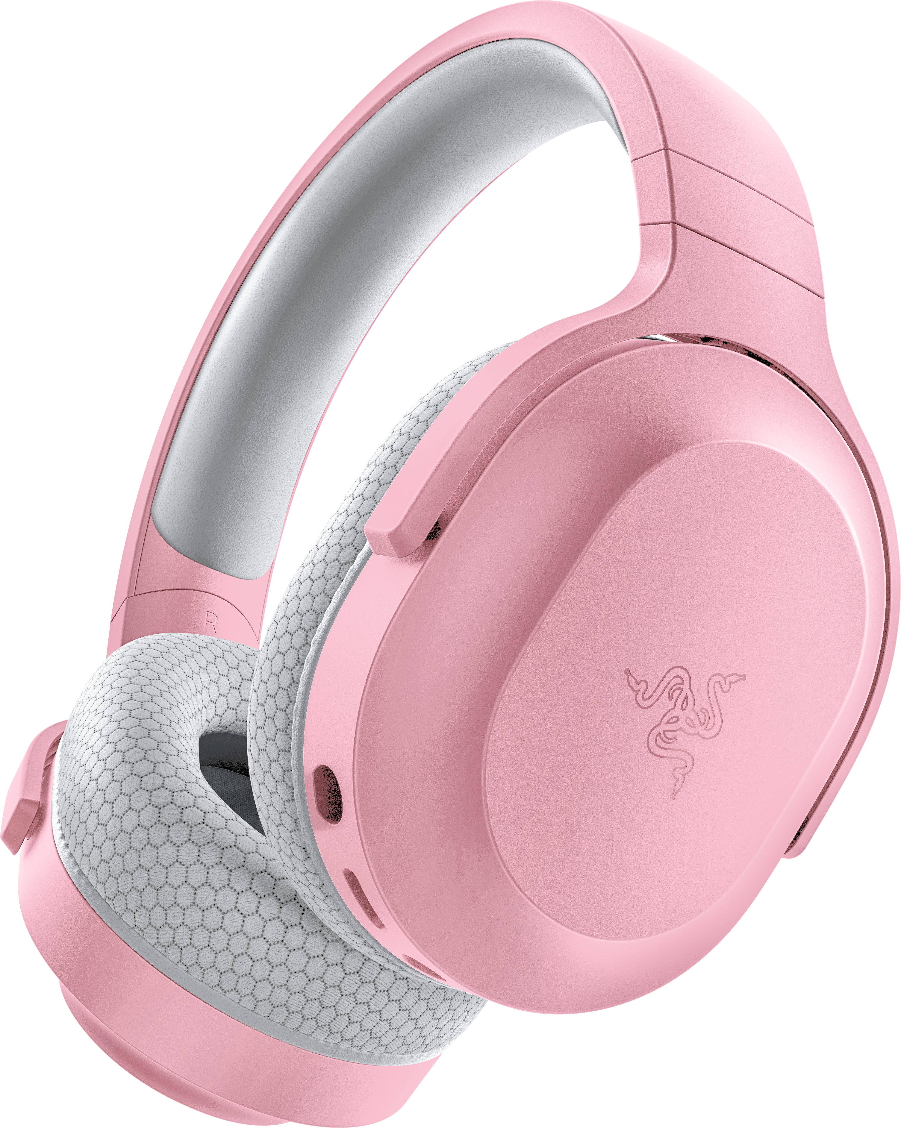 Cuffie rosa wireless. Imbottitura orecchie bianca e grigia, logo Razer sul lato.