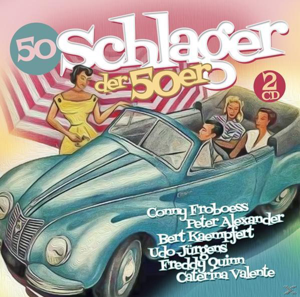 Albumcover von '50 Schlager der 50er', eine Autoillustration, mit Personen und Künstlernamen.