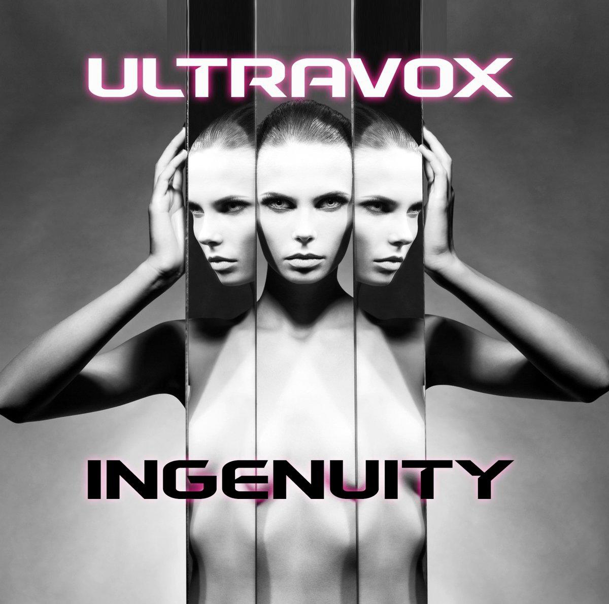 Albumcover. Frau mit drei gespiegelten Gesichtern, der Name ULTRAVOX und INGENUITY in Pink.