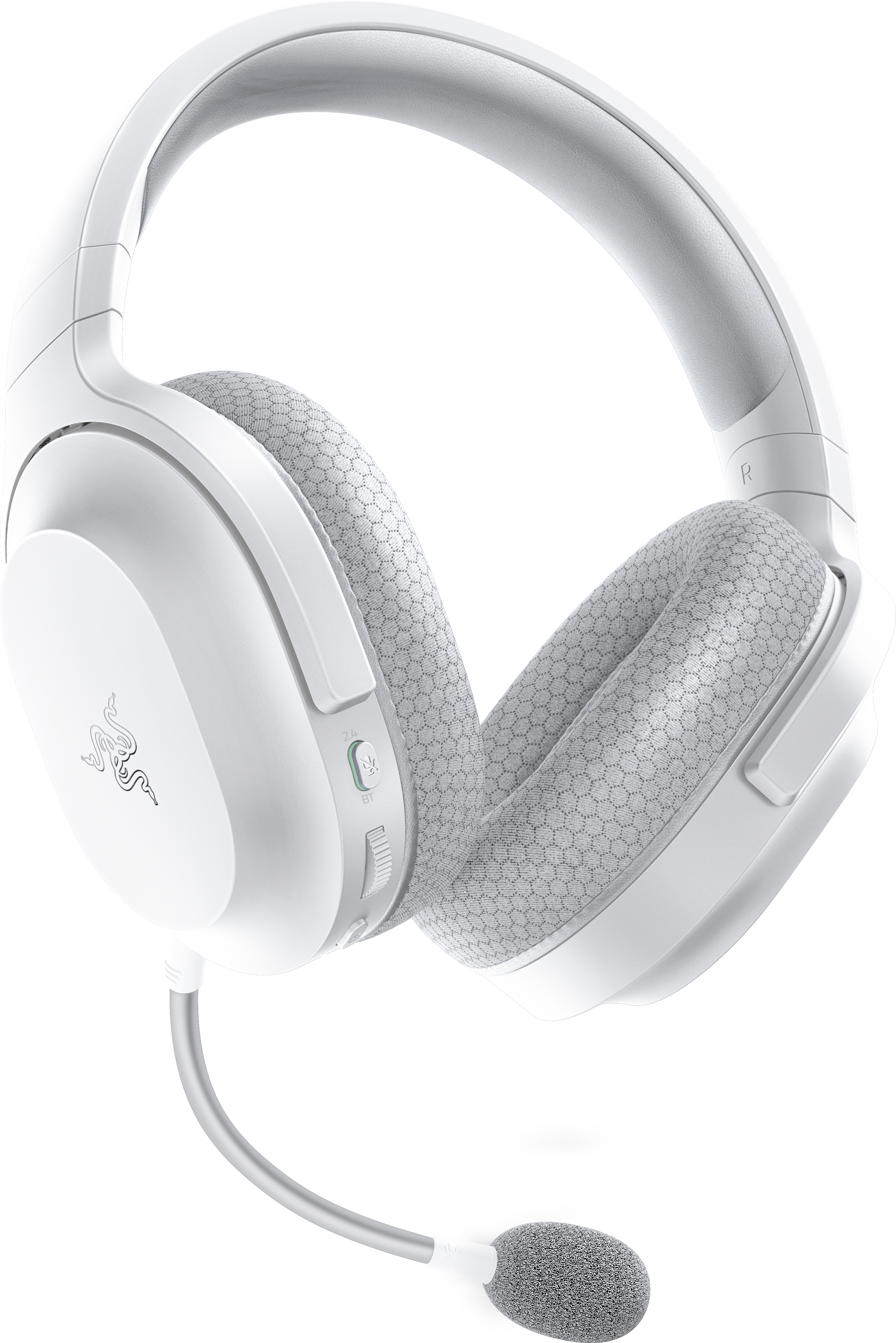 Weißes Headset mit Mikrofon. Das Headset hat ein graues Mikrofon und Ohrmuscheln.