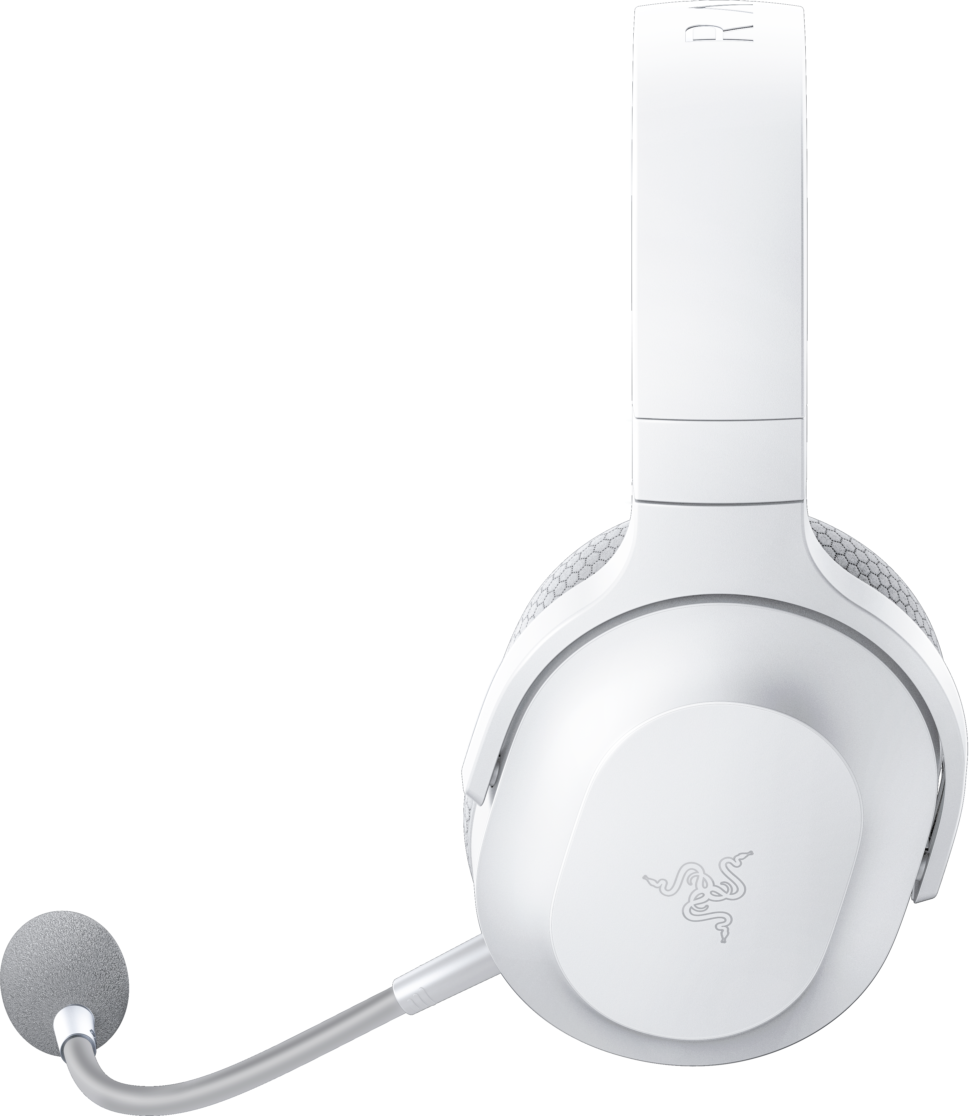 Weißes Gaming-Headset mit Mikrofon. Das Razer-Logo befindet sich auf der Ohrmuschel.