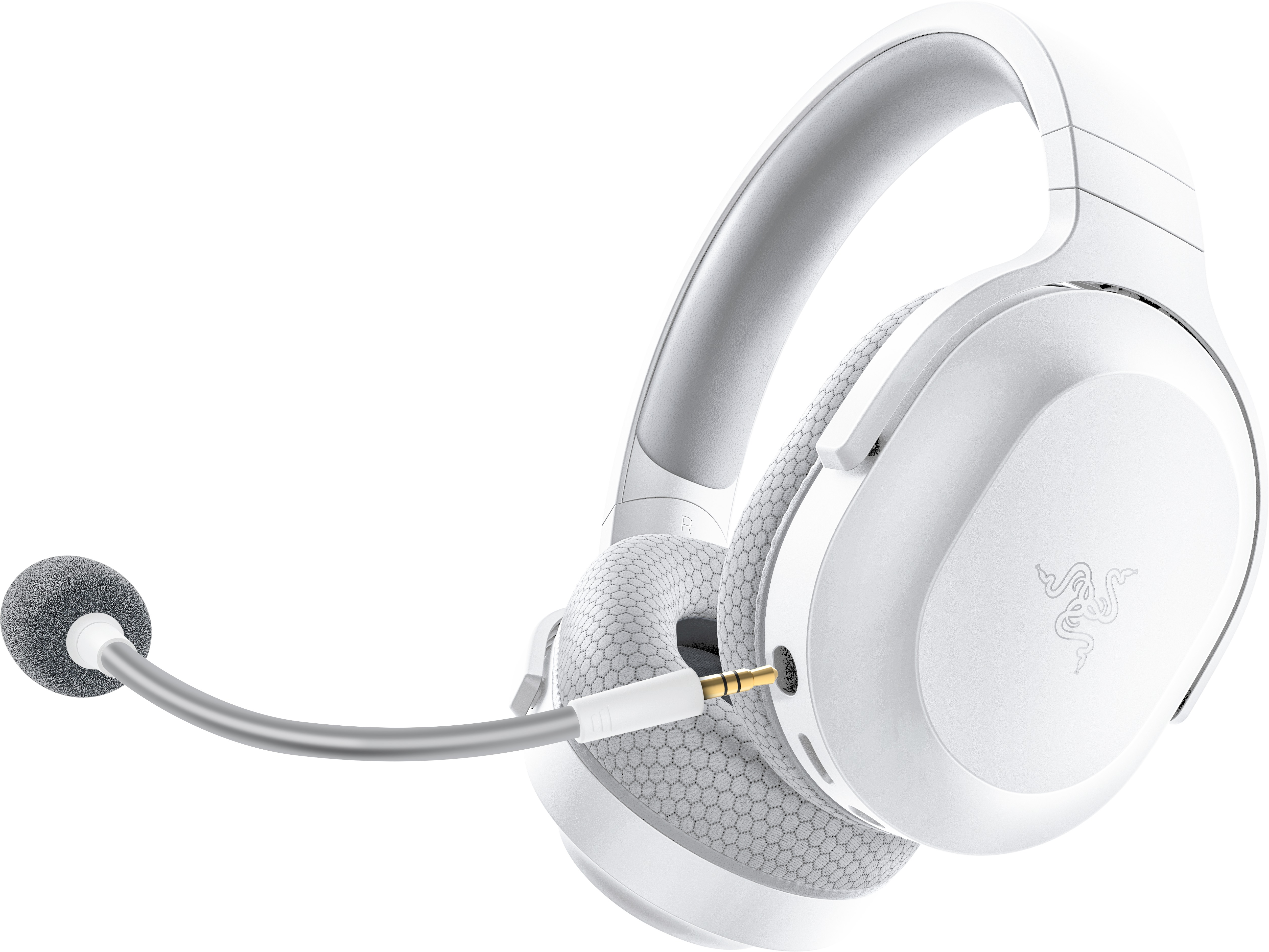 Weißes Gaming-Headset mit Mikrofon, isoliert auf weißem Hintergrund.