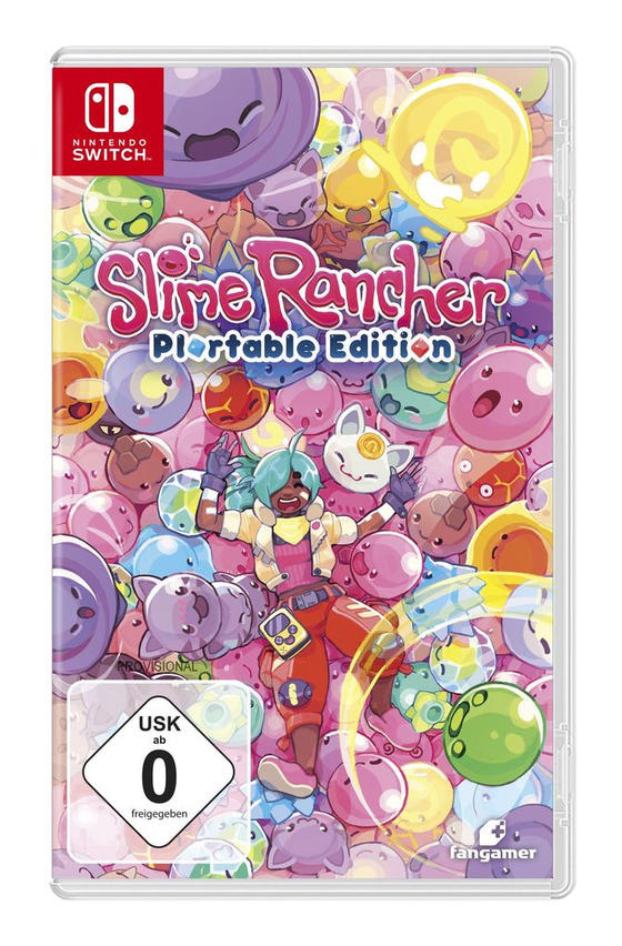 Spielbox-Art für Slime Rancher. Eine Person umgeben von bunten Schleimen.