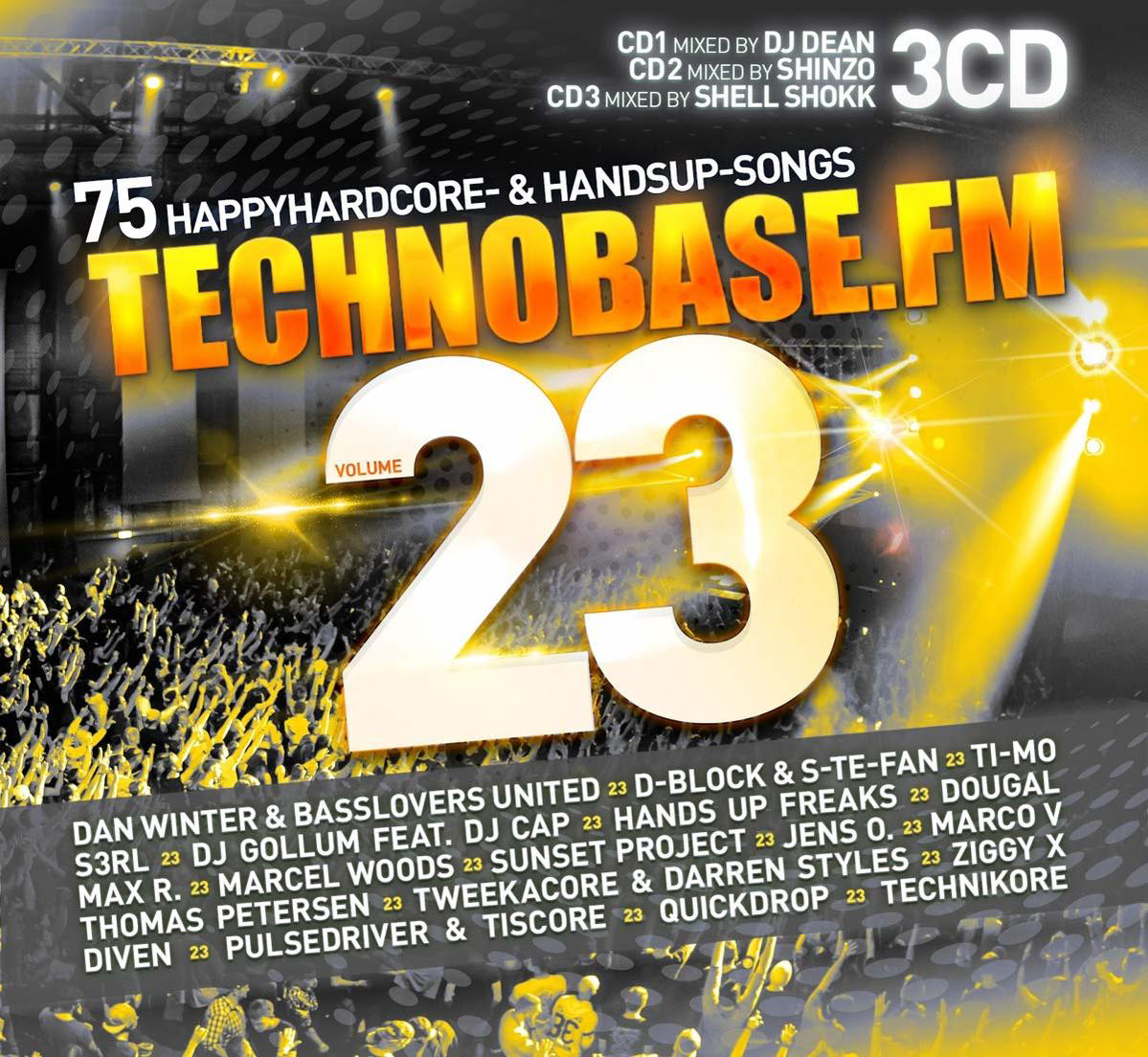 Technobase.FM 23 Albumcover mit Text und einer Menschenmenge.