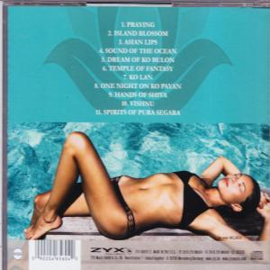 Albumrückseite mit Titelliste und einer Frau im Badeanzug, die sich an einem Pool ausruht.