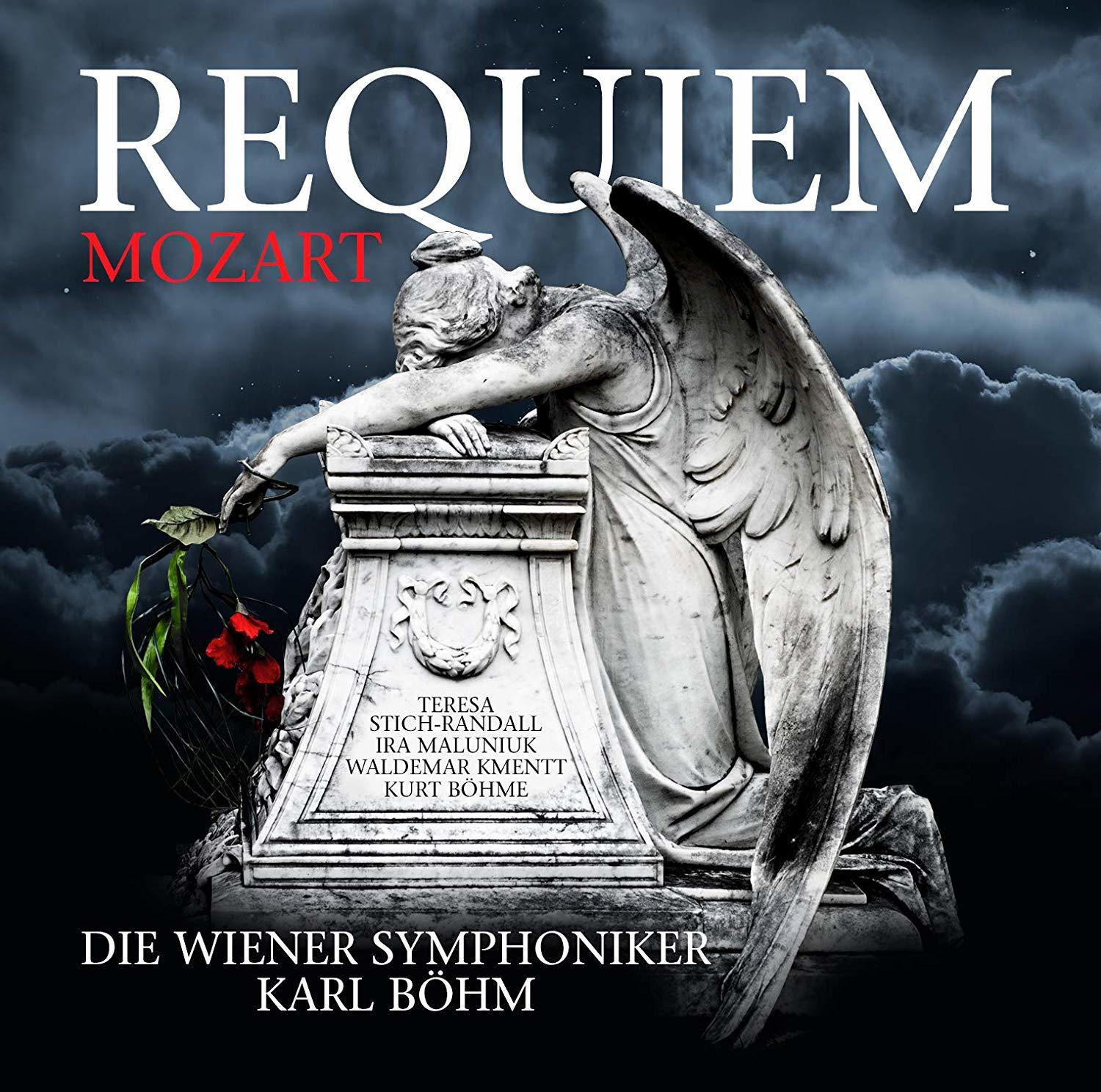 Albumcover mit Engelsstatue, Titel "Requiem Mozart", dunkler Hintergrund.