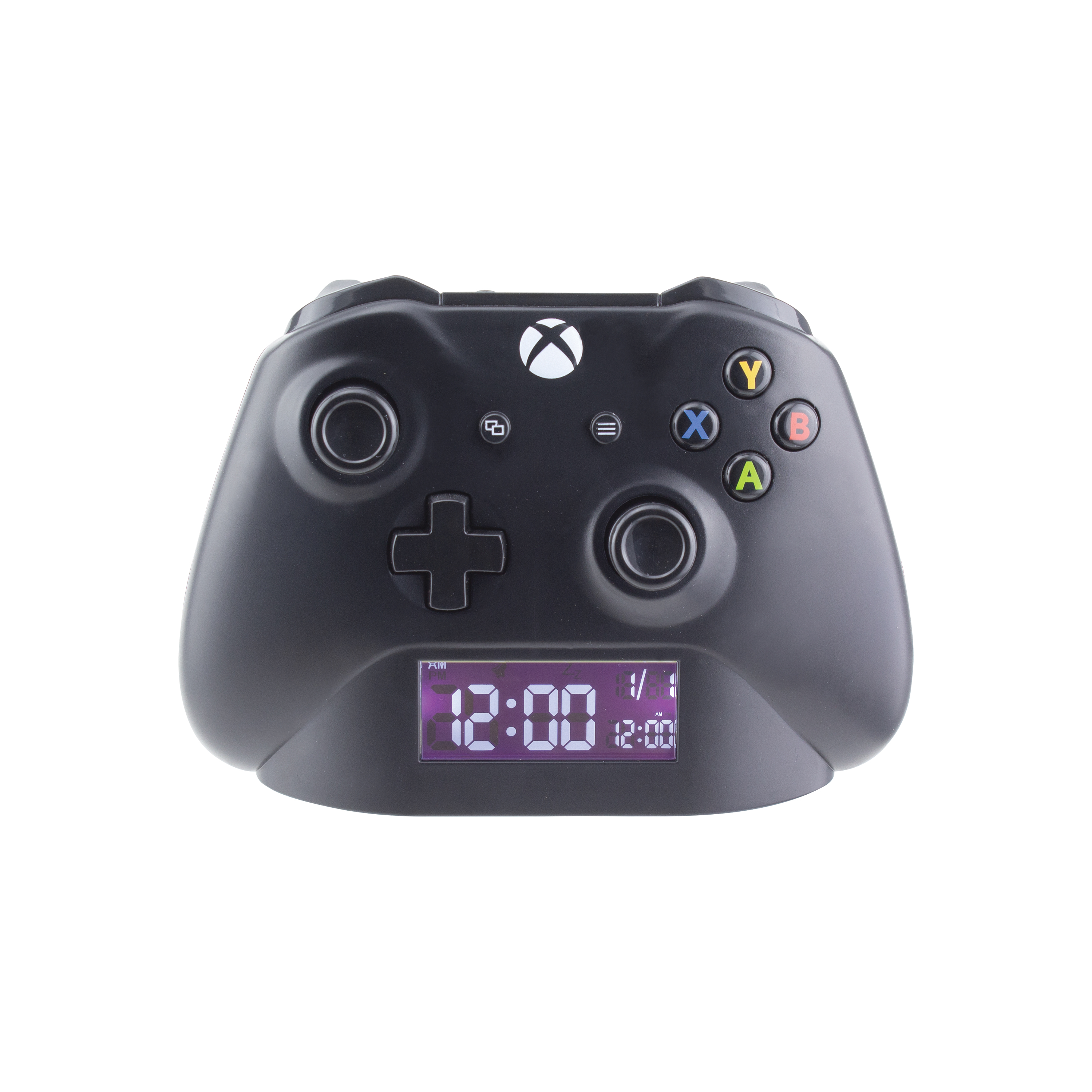 Ein schwarzer Xbox-Controller auf einem Ladeständer mit einer Uhranzeige, die 12:00 Uhr anzeigt.
