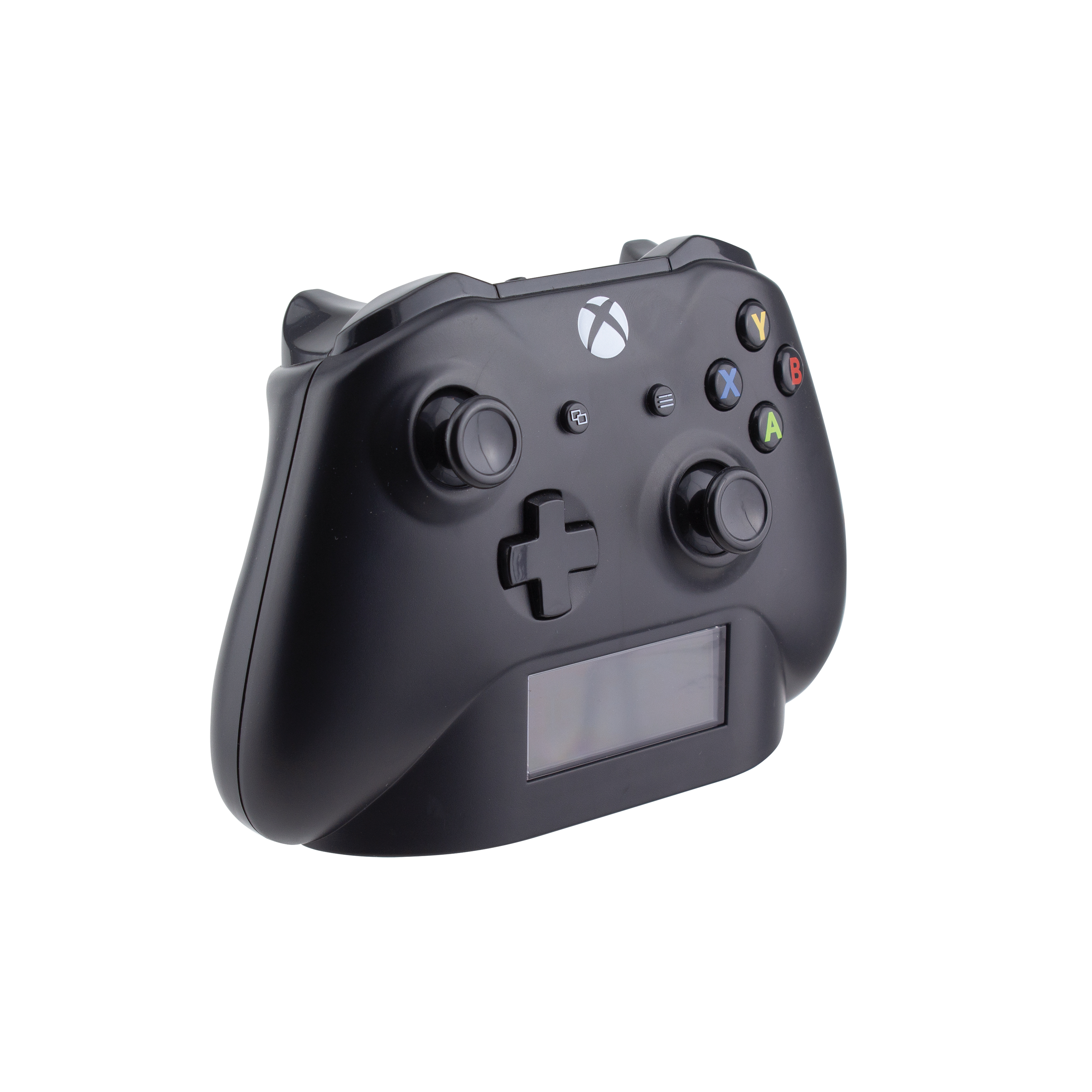 Schwarzer Xbox-Controller auf weißem Hintergrund. Mit Knöpfen, Steuerkreuz und Bildschirm.