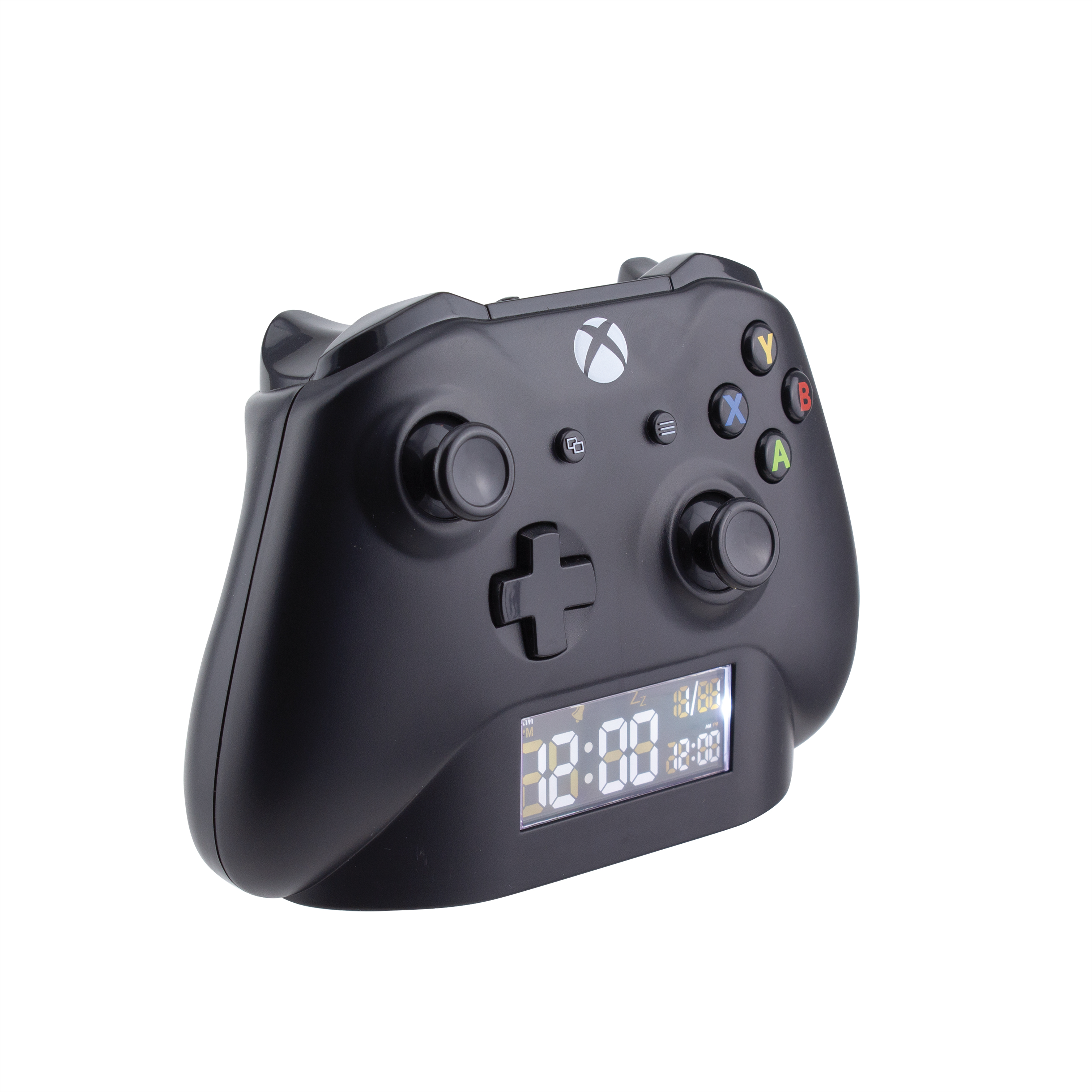 Schwarzer Xbox-Controller mit digitaler Uhranzeige.