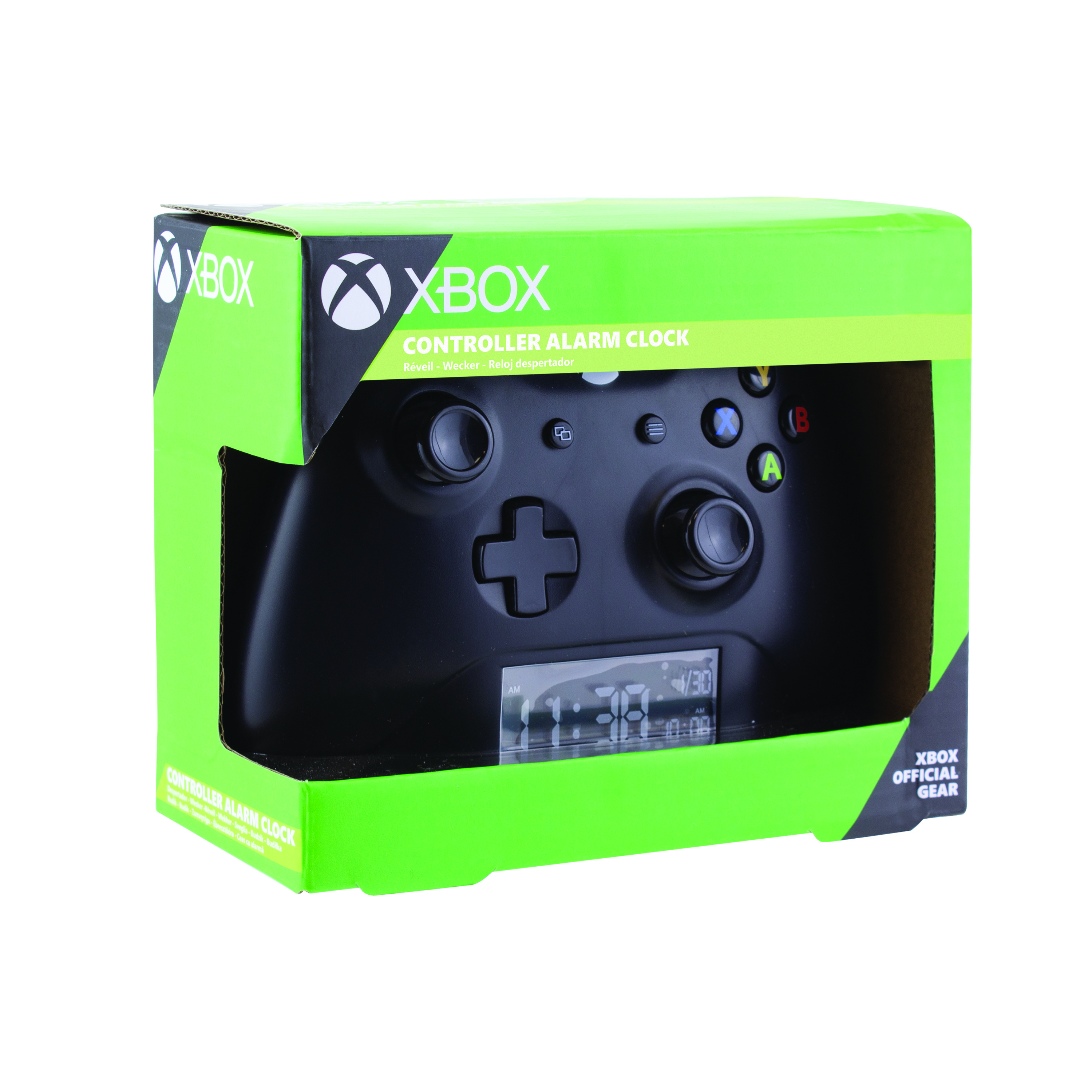 Xbox-Controller-Wecker in einer grün-schwarzen Box. Die Uhr zeigt die Zeit an.