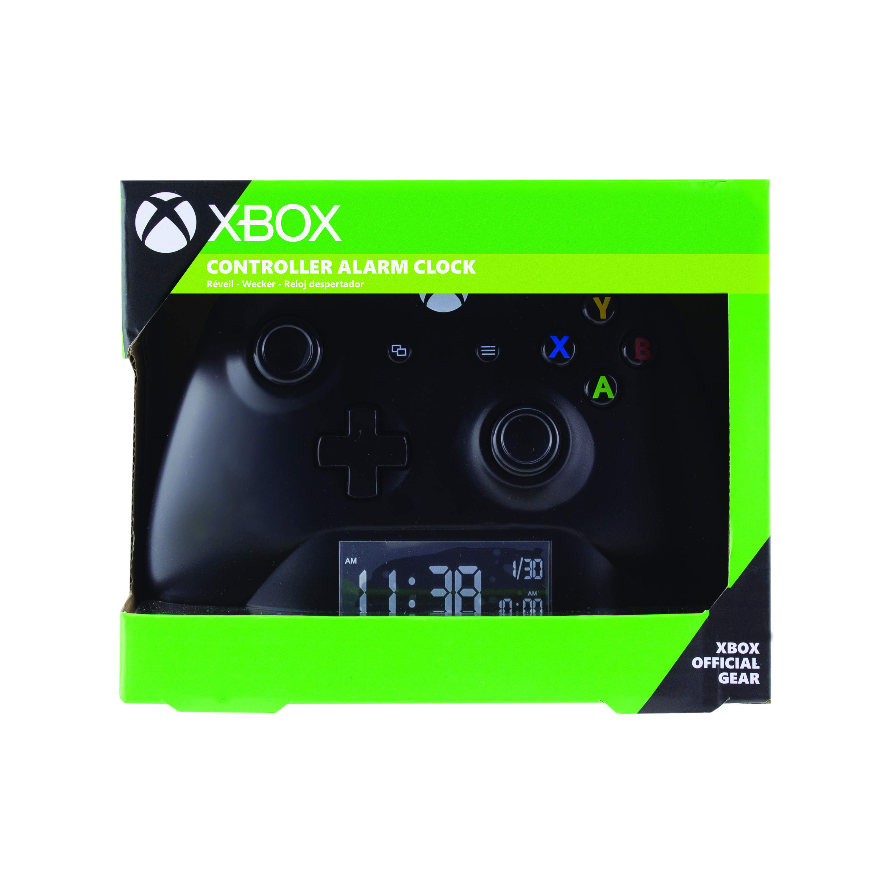 Ein Xbox-Controller-Wecker in einer grün-schwarzen Box. Die Uhr zeigt die Uhrzeit an.