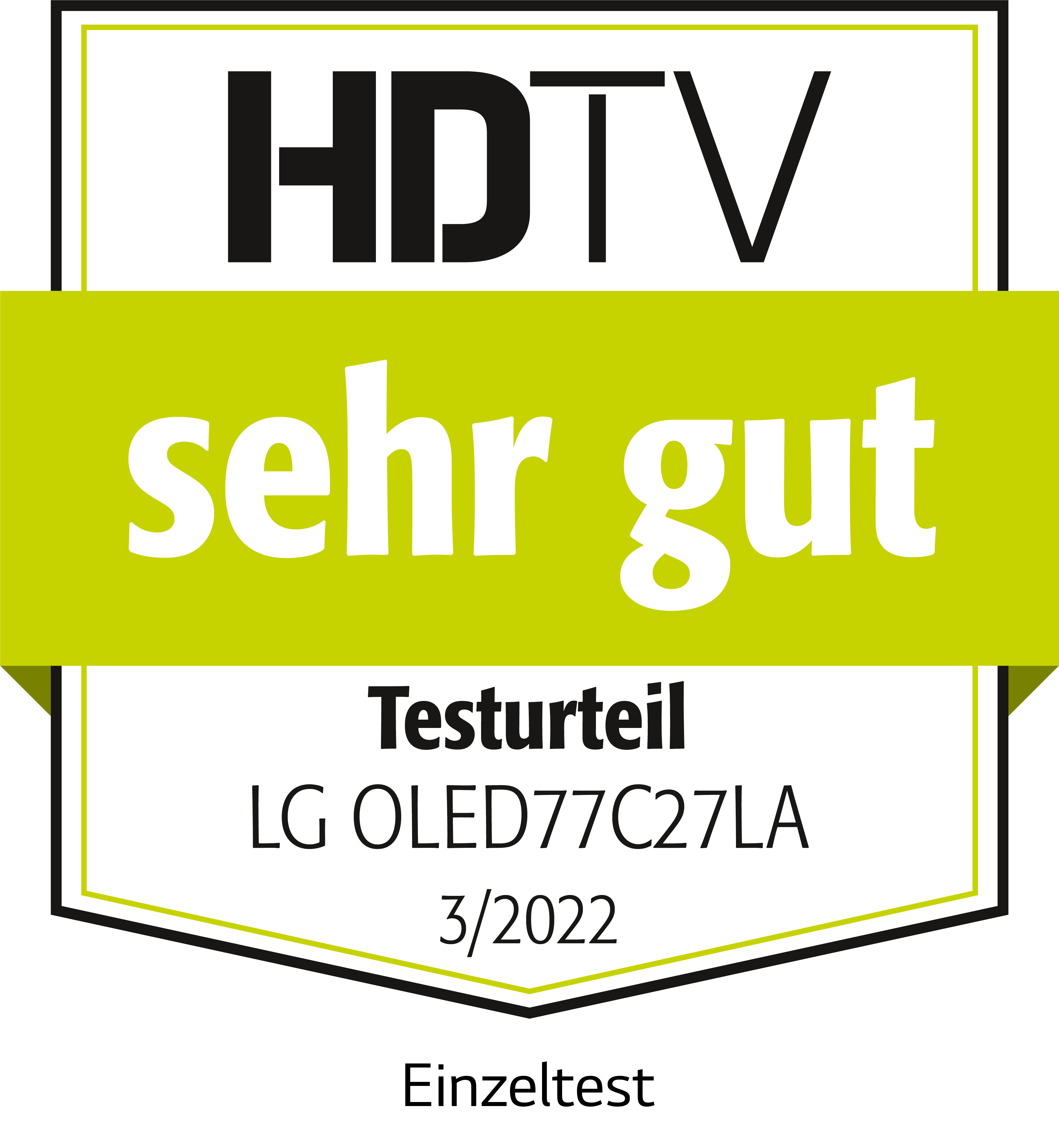 HDTV-Testbericht: LG OLED77C27LA, bewertet mit "sehr gut". Grüner Streifen mit weißem Text auf schwarzem Hintergrund.