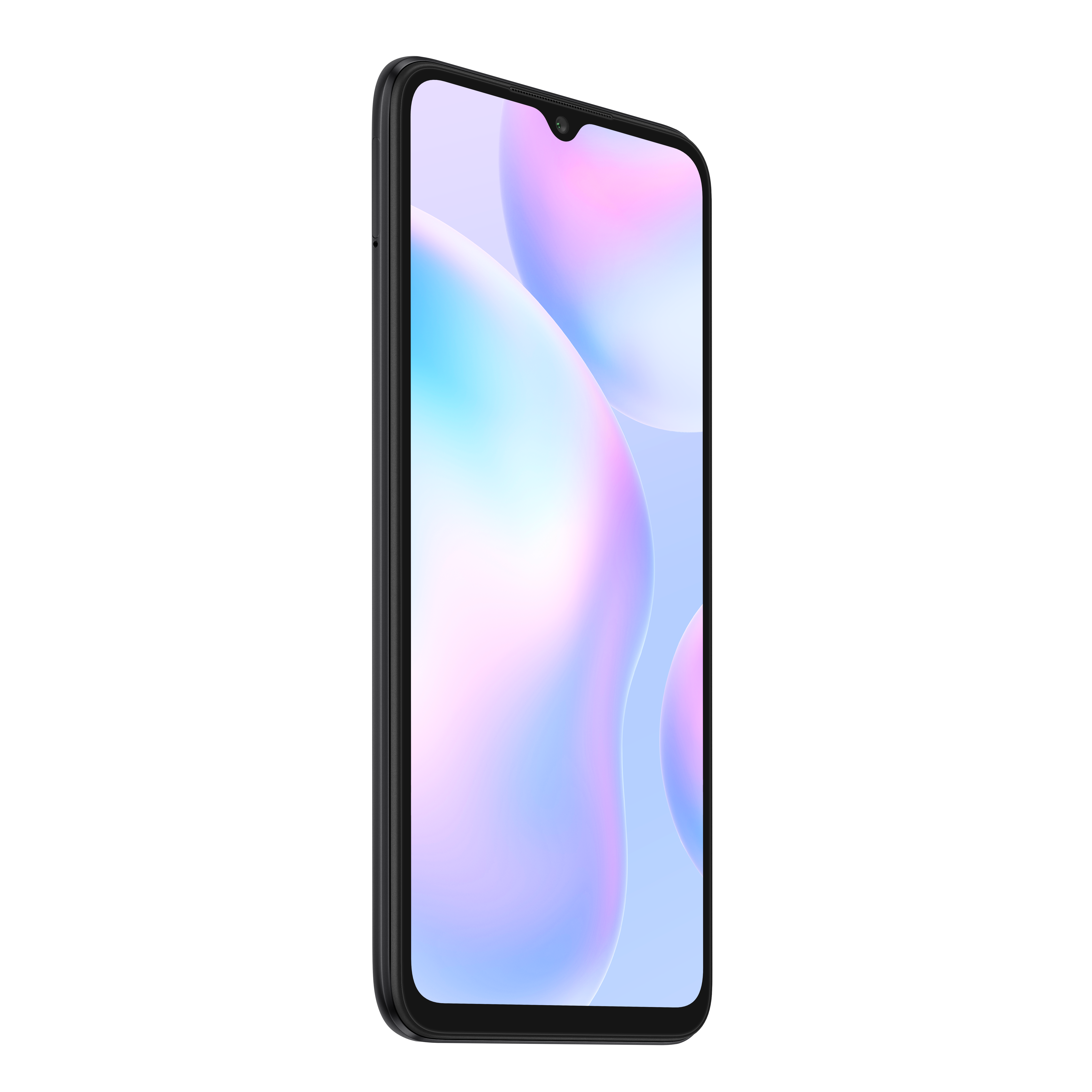 Schwarzes Smartphone auf schwarzem Hintergrund, Bildschirm zeigt farbenfrohes abstraktes Design.