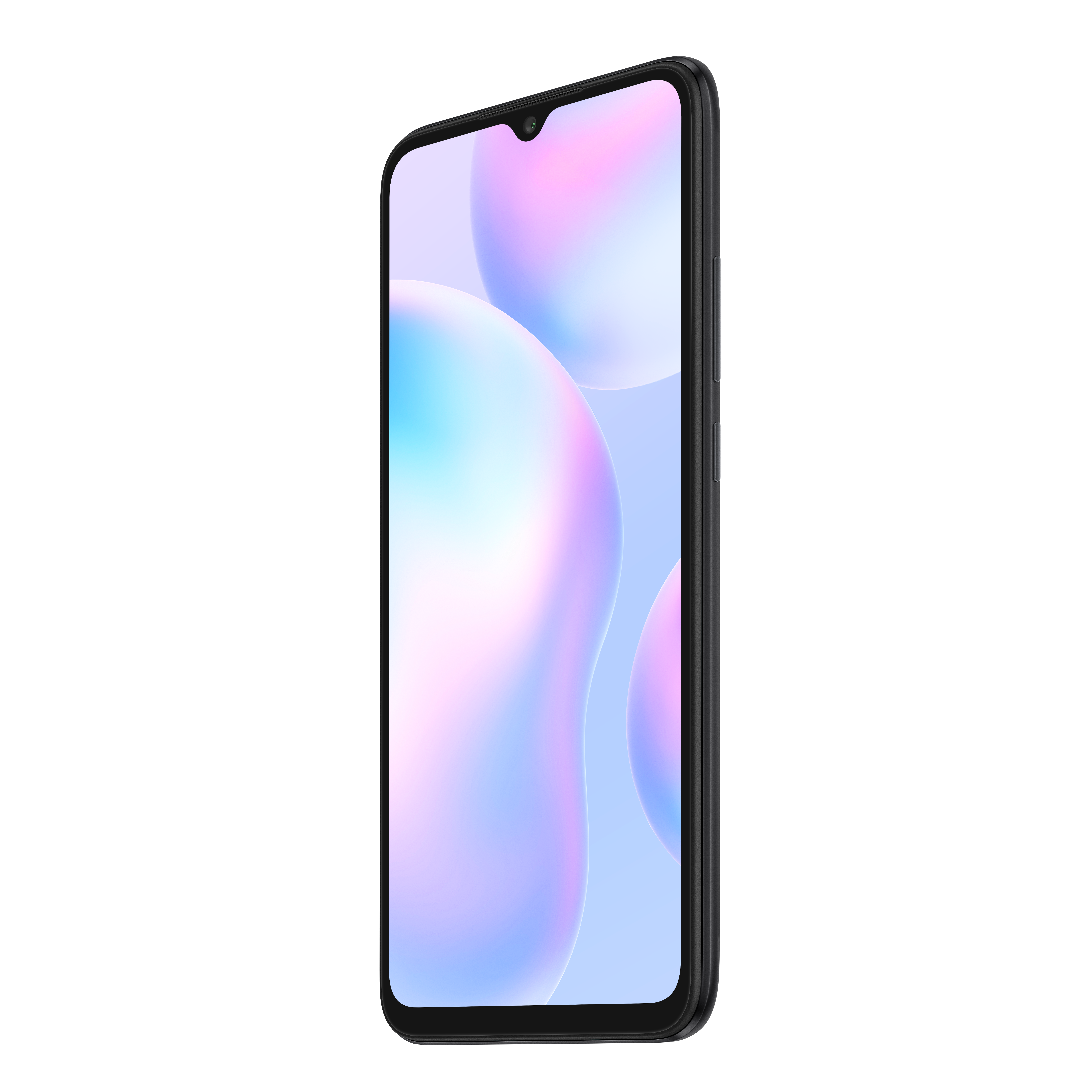 Ein schwarzes Smartphone mit hellem Bildschirm, der bunte abstrakte Formen zeigt.