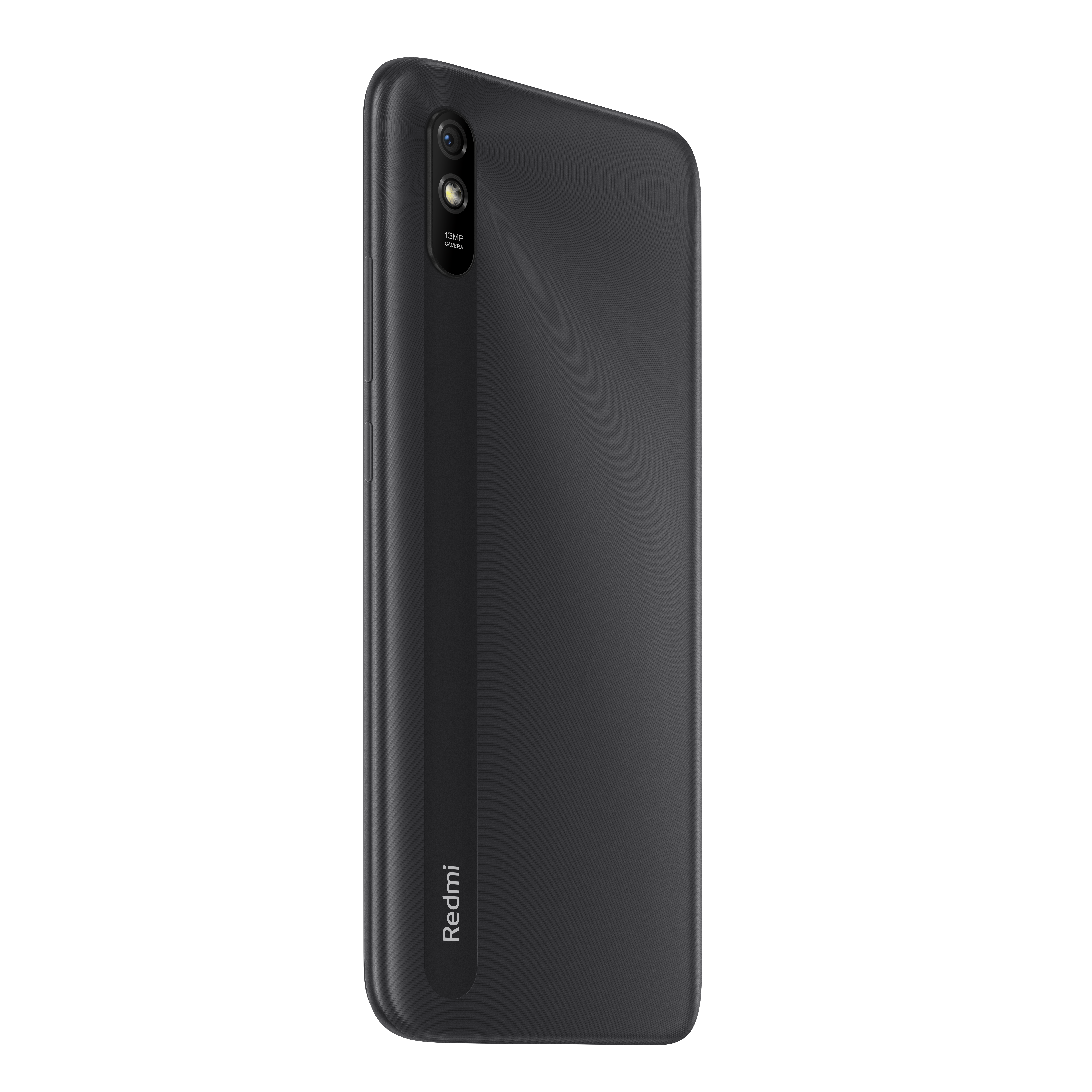 Die Rückseite eines schwarzen Redmi-Smartphones mit einer einzelnen Kamera und dem Redmi-Logo.