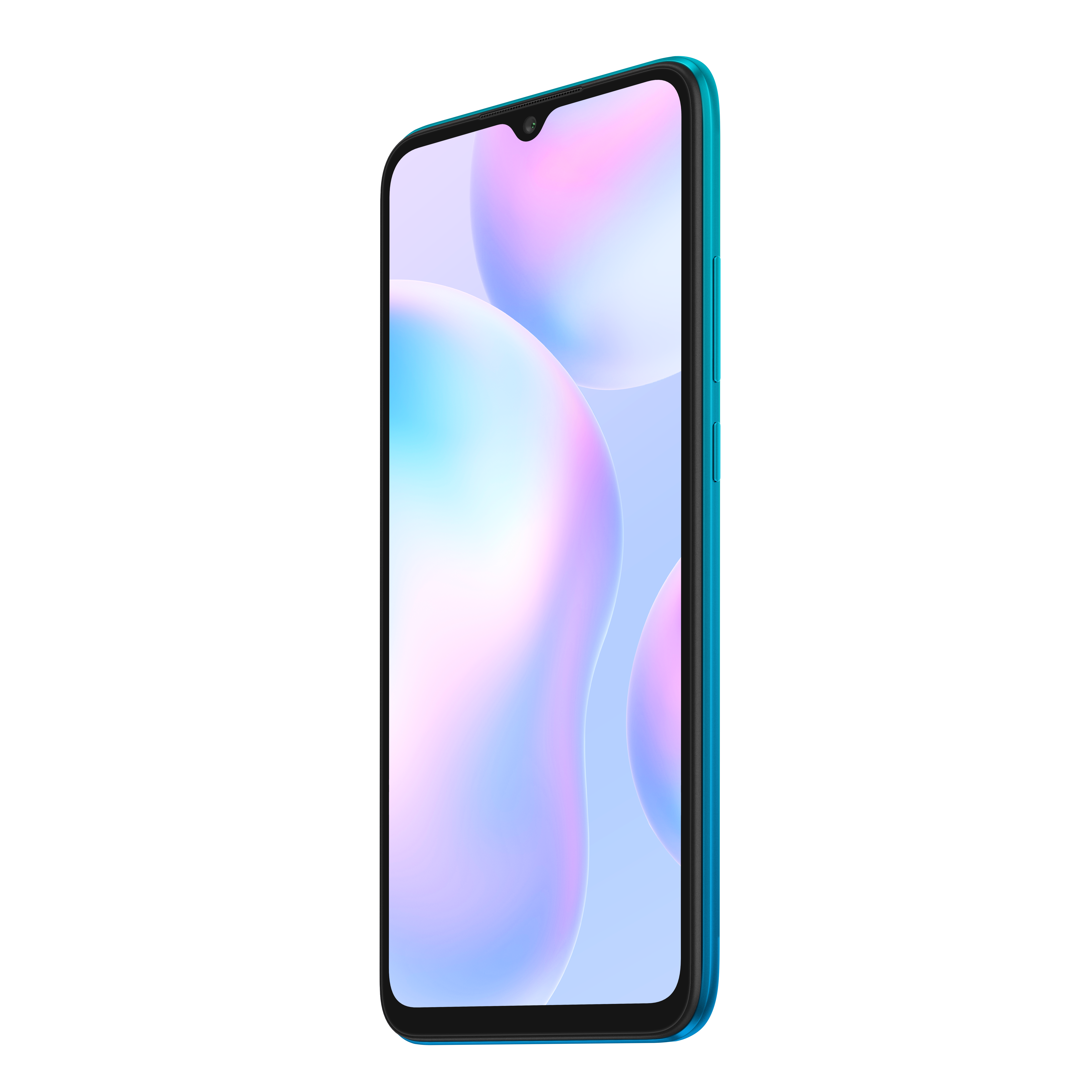 Ein türkisfarbenes Smartphone auf schwarzem Hintergrund. Der Bildschirm zeigt ein buntes abstraktes Design.