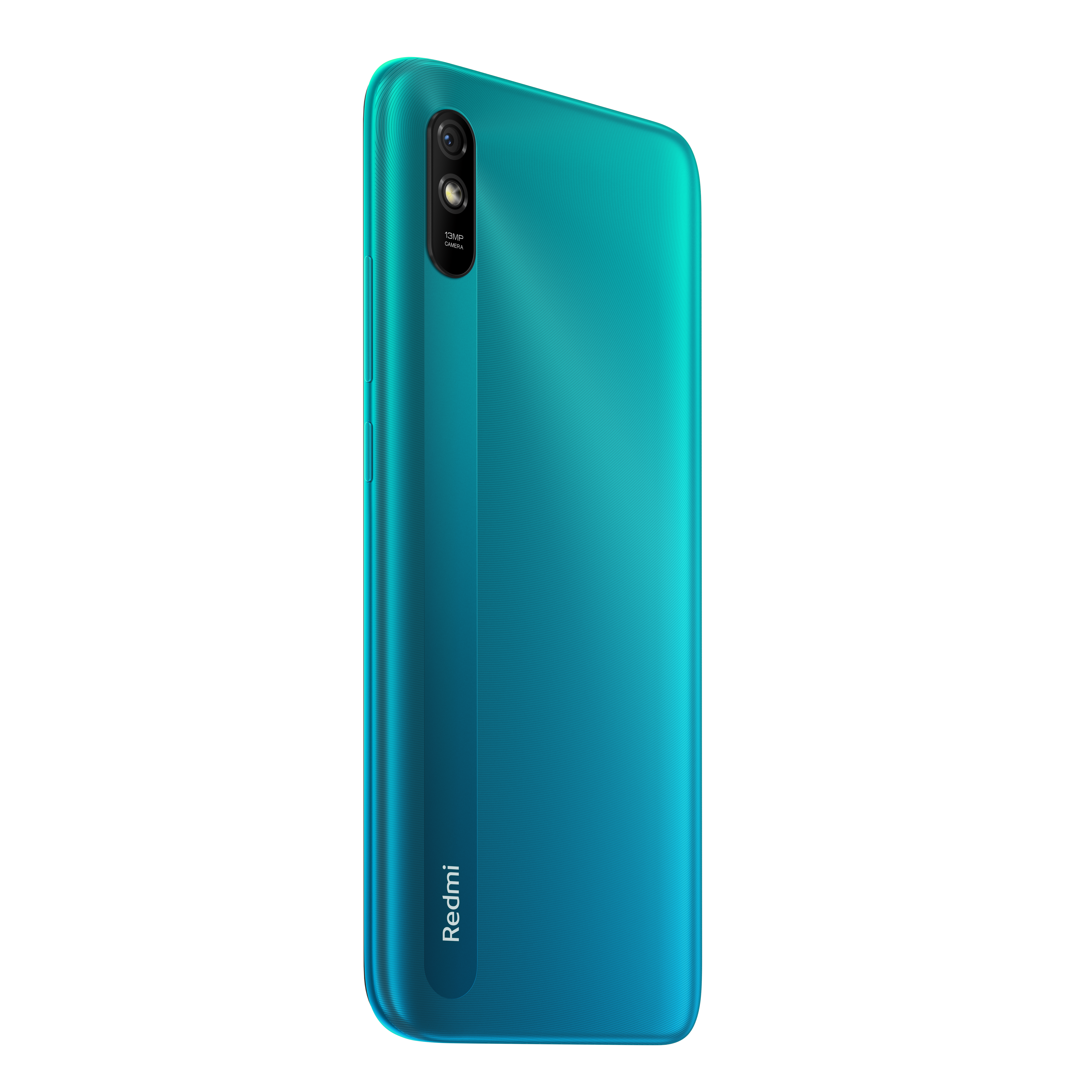 Ein türkisfarbenes Smartphone, Rückansicht. Redmi-Branding und eine 13MP-Kamera sind sichtbar.