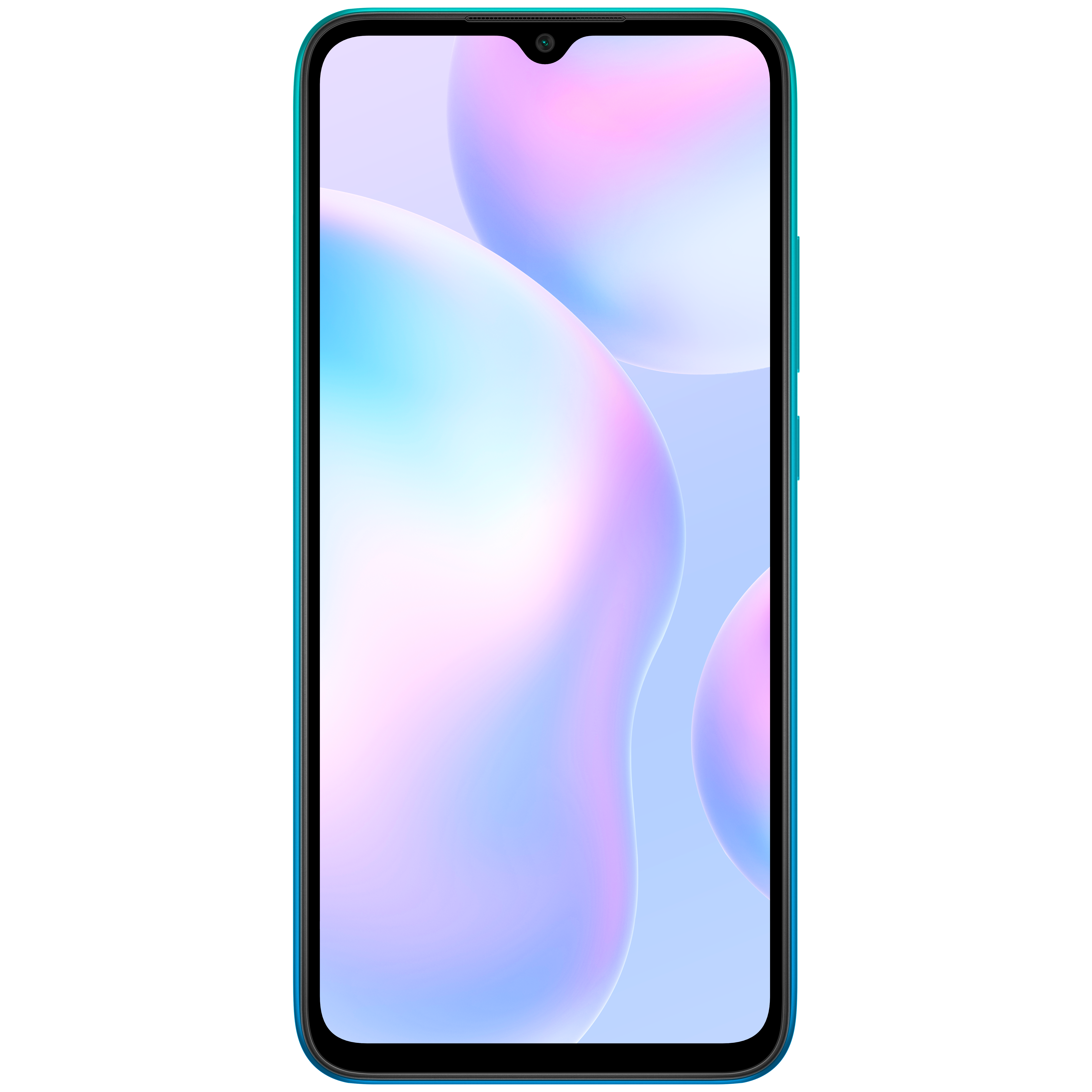 Ein blaues Smartphone mit Tropfenkamera und rosa Hintergrund.