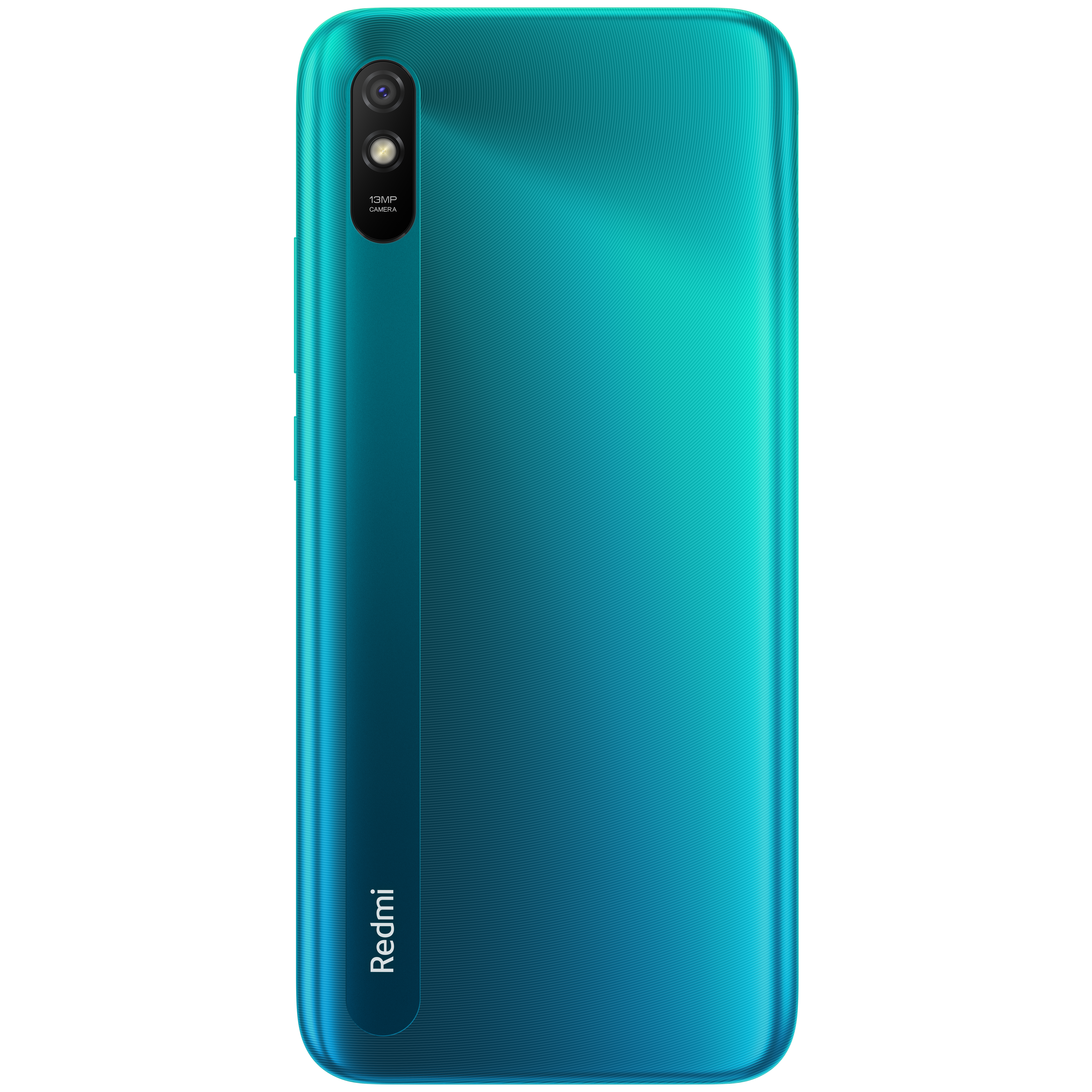 Eine tealfarbene Smartphone-Rückseite mit Kamera und Redmi-Logo, ein elegantes Design.