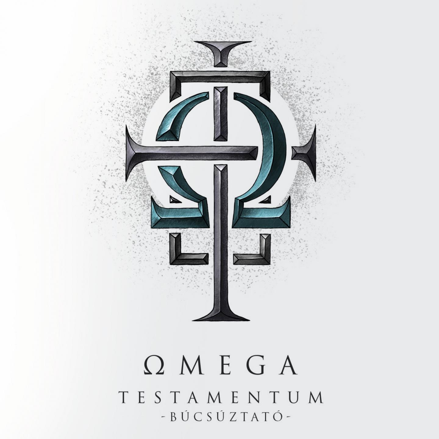 Omega Testamentum logó. Sötétszürke és türkiz formák fehér háttéren.