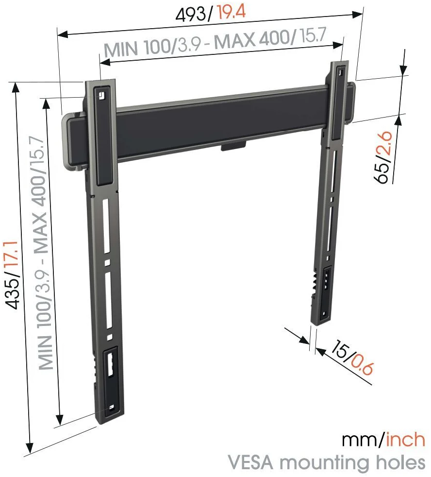 Schwarze und silberne TV-Wandhalterung mit Abmessungen, VESA-Bohrungen und mm/Zoll-Maßen.