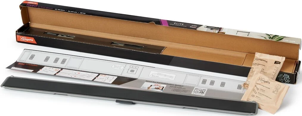 Ein TV-Wandhalterungs-Kit. Das Kit enthält Halterungen, Anleitungen und Hardware.
