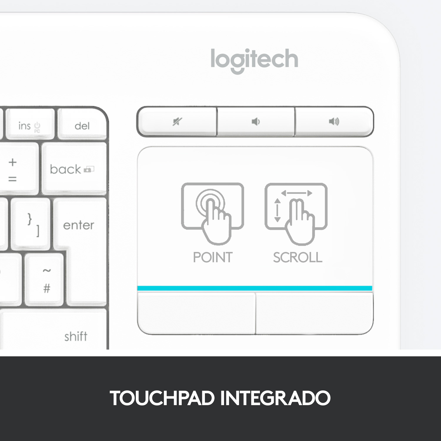 Un teclado Logitech blanco con un panel táctil. Tiene teclas y un panel táctil con iconos de 'punto' y 'desplazamiento'.