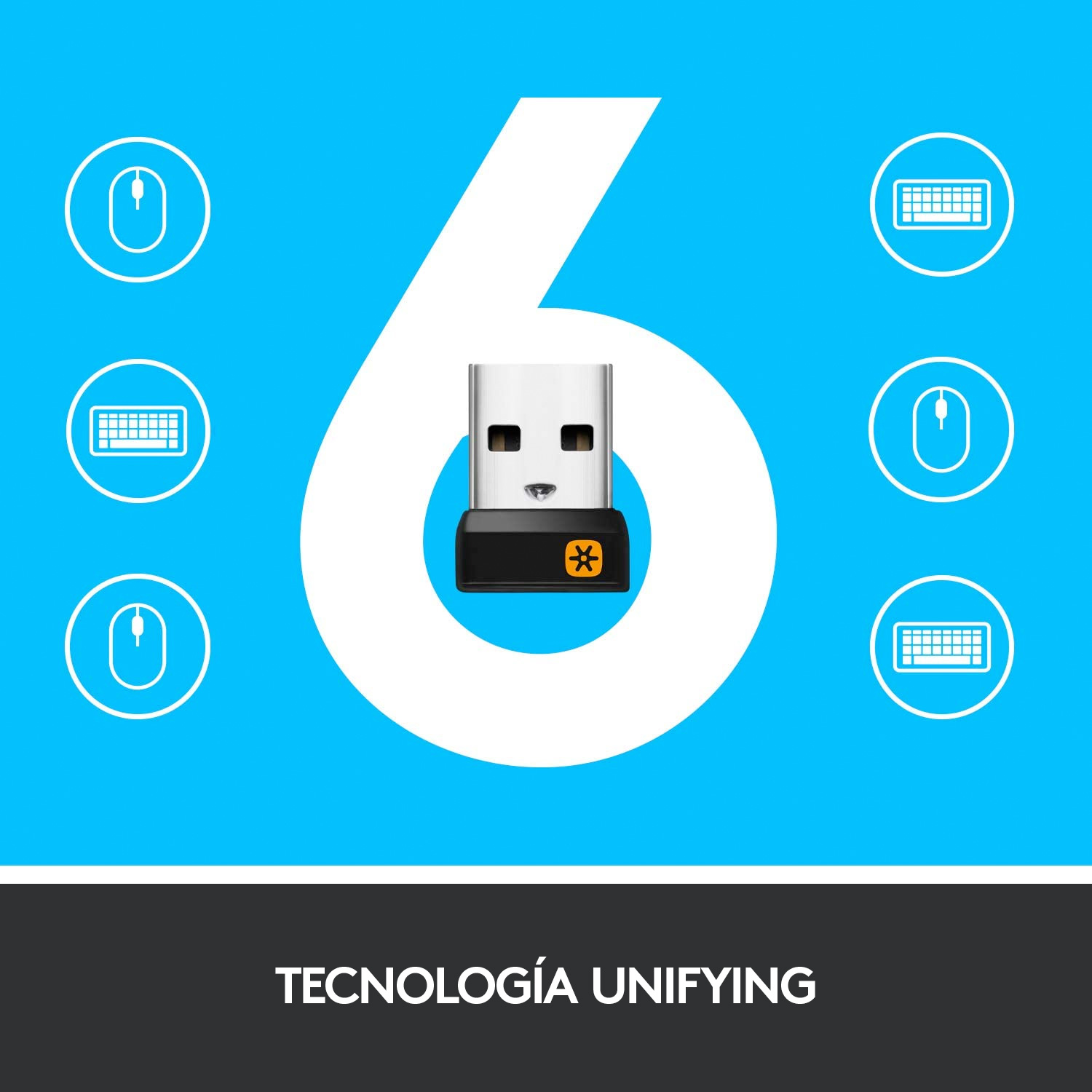 Un dongle USB con fondo blanco. El diseño incluye un número 6 e iconos relacionados con teclados y ratones.