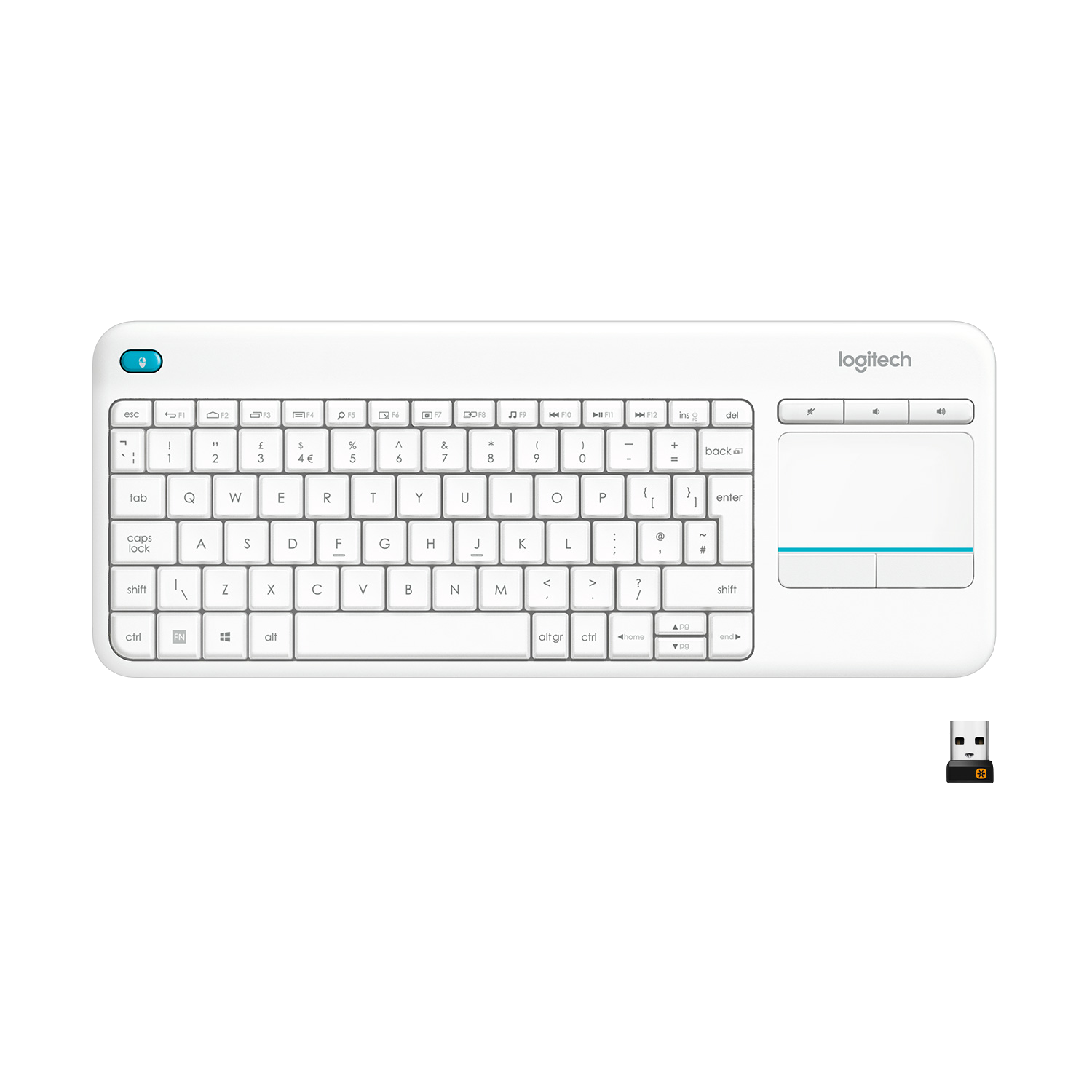 Teclado inalámbrico - Logitech K400 plus, Wireless, Para PC/TV, Touchpad, Blanco