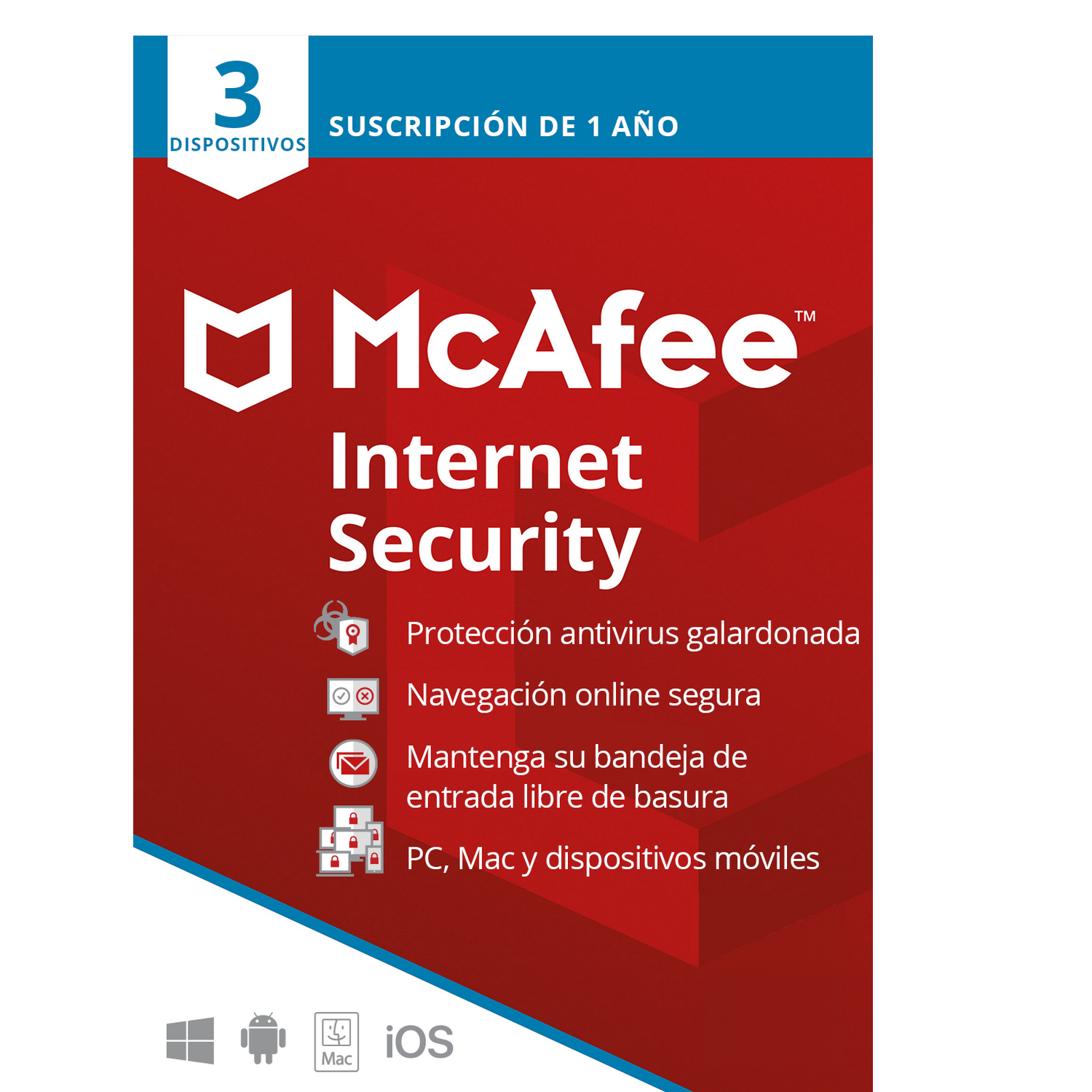 Antivirus - McAfee Internet Security,  Suscrip. 1 año, 3 Dispositivos  (Formato Físico)