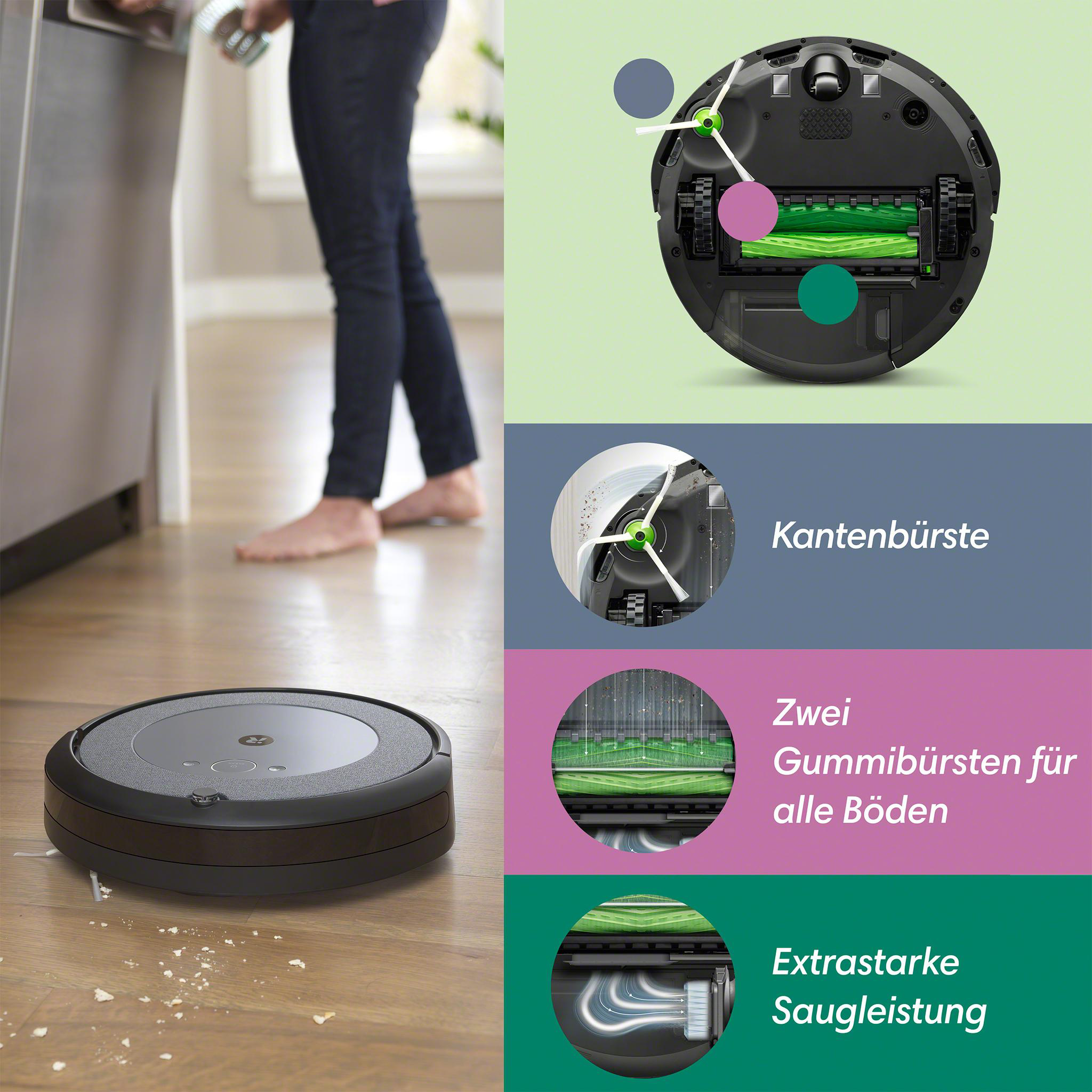 Ein Roboter-Staubsauger mit Diagrammen, die die Reinigungskomponenten zeigen, und einer Person im Hintergrund.