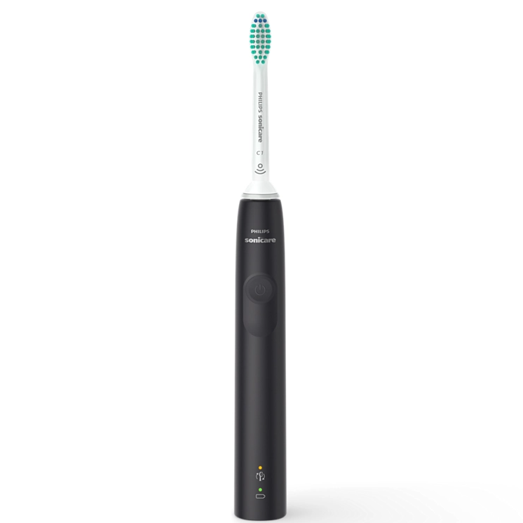 Schwarze Philips Sonicare Zahnbürste mit weißem Kopf und grünen Borsten.