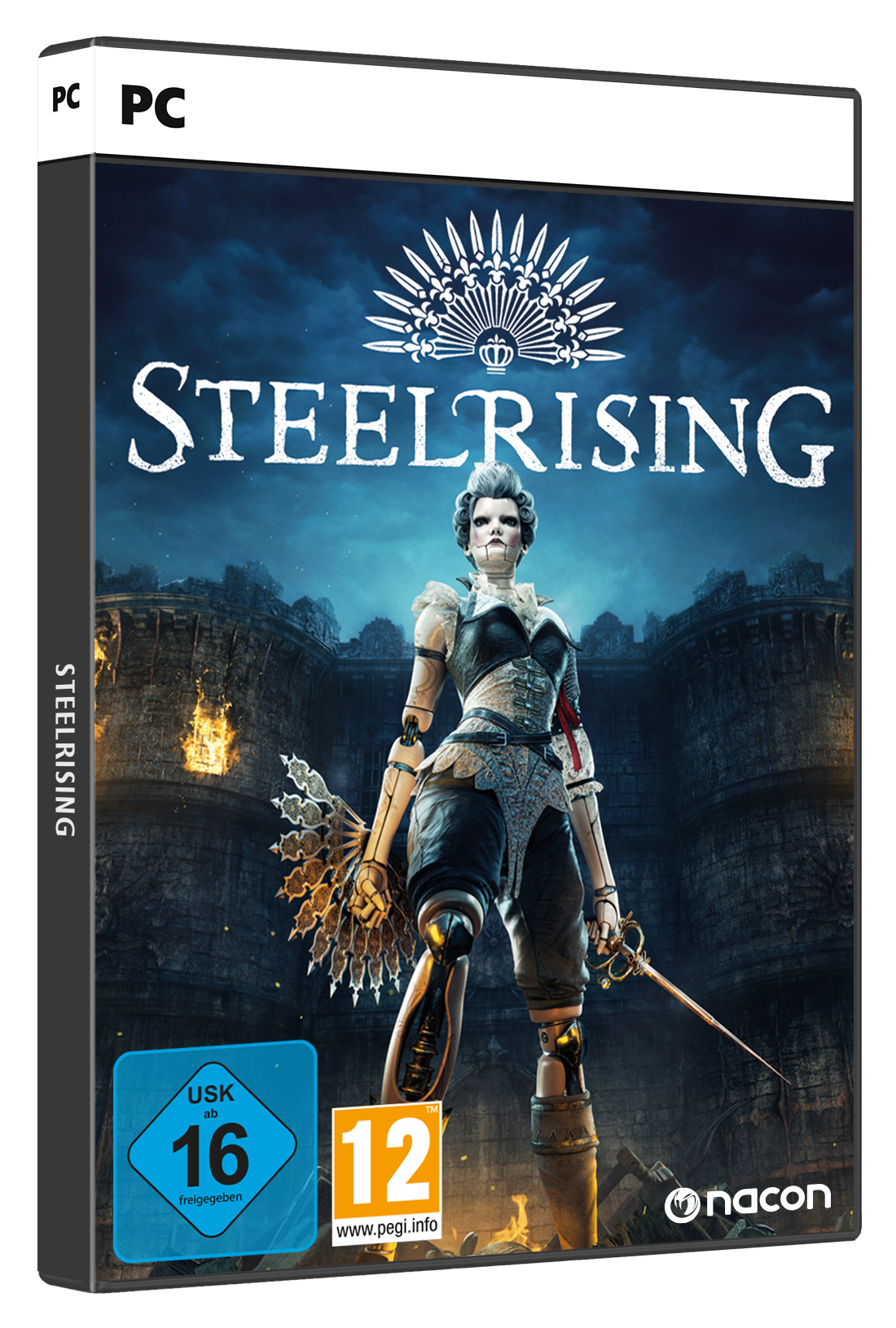 Spielbox für 'Steelrising', die eine Frau mit einem Schwert vor einer Burg zeigt.