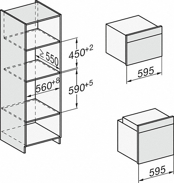 Diagramm eines Schranks mit Regalen und zwei Schrankeinheiten. Beschriftete Maße sind in Millimetern.