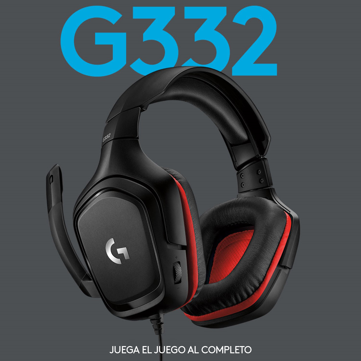 Auriculares para juegos negros y rojos con el texto "G332" y un logotipo.