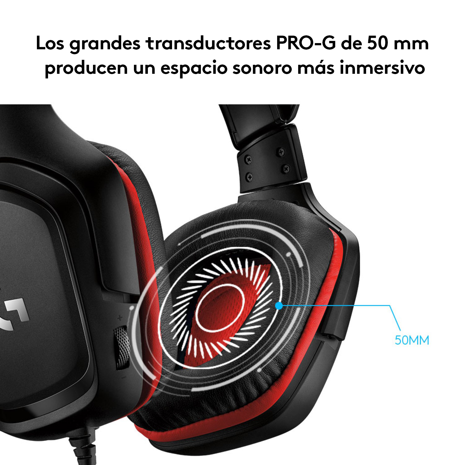 Primer plano de unos auriculares gaming negros y rojos con un gráfico que resalta los drivers de 50 mm.
