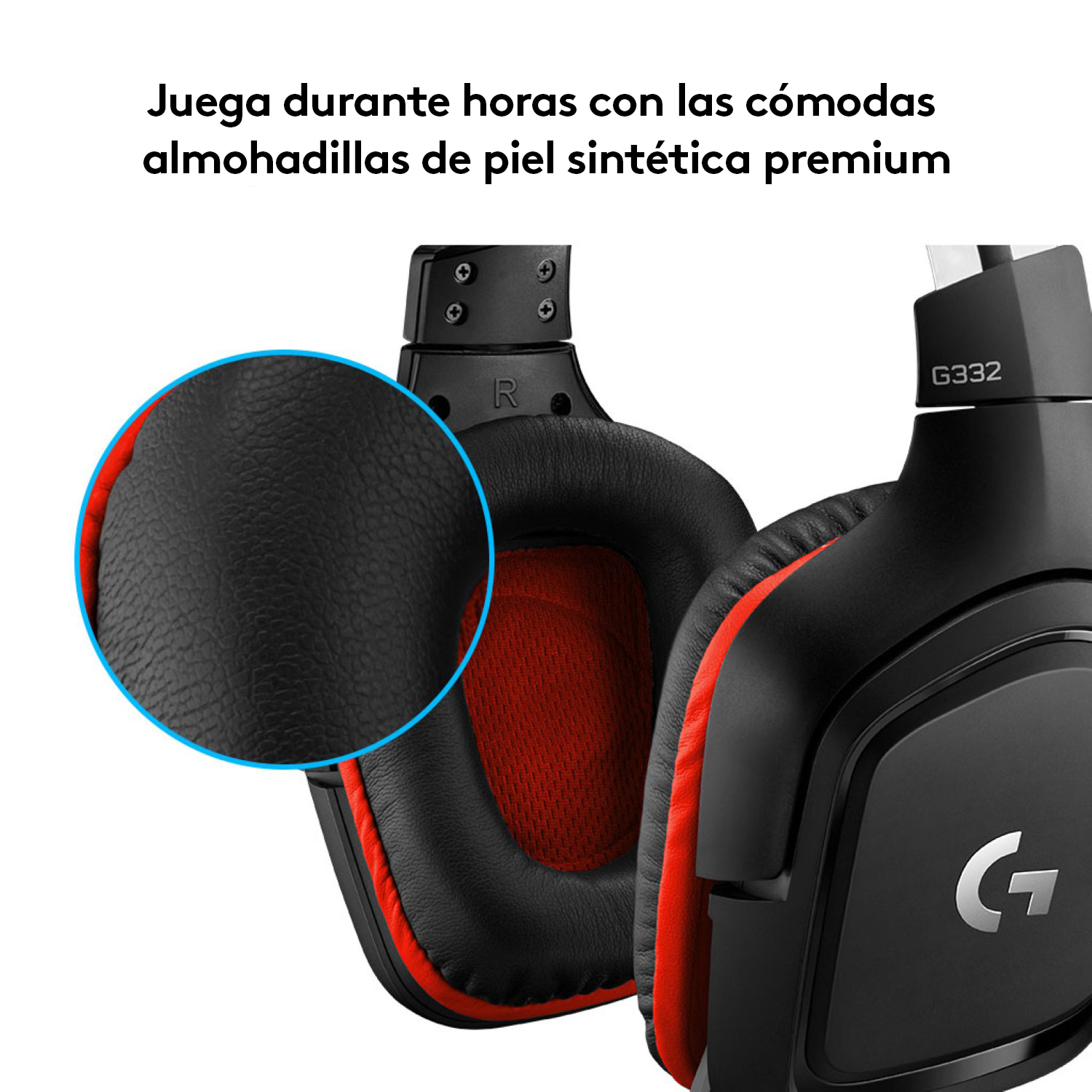 Auriculares negros con detalles rojos. Un primer plano muestra las orejeras y parte de la diadema.