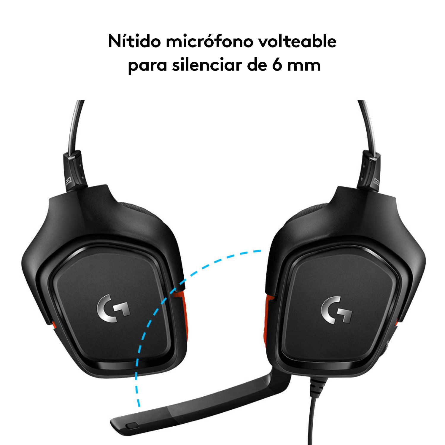 Auriculares gaming negros, primer plano de auriculares y micrófono. Acentos rojos, fondo blanco.