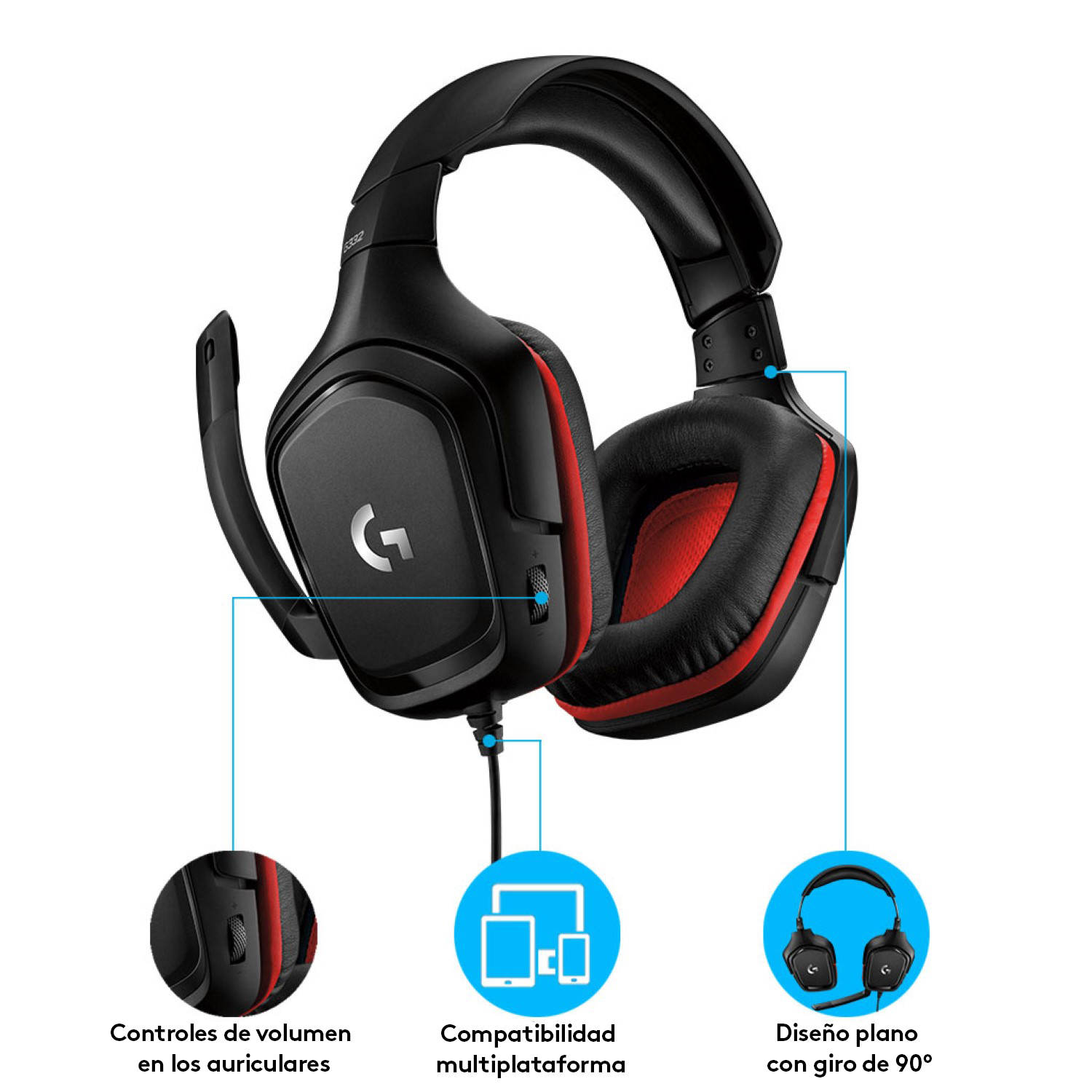 Auriculares gaming negros con detalles rojos, un micrófono y un diagrama mostrando características.
